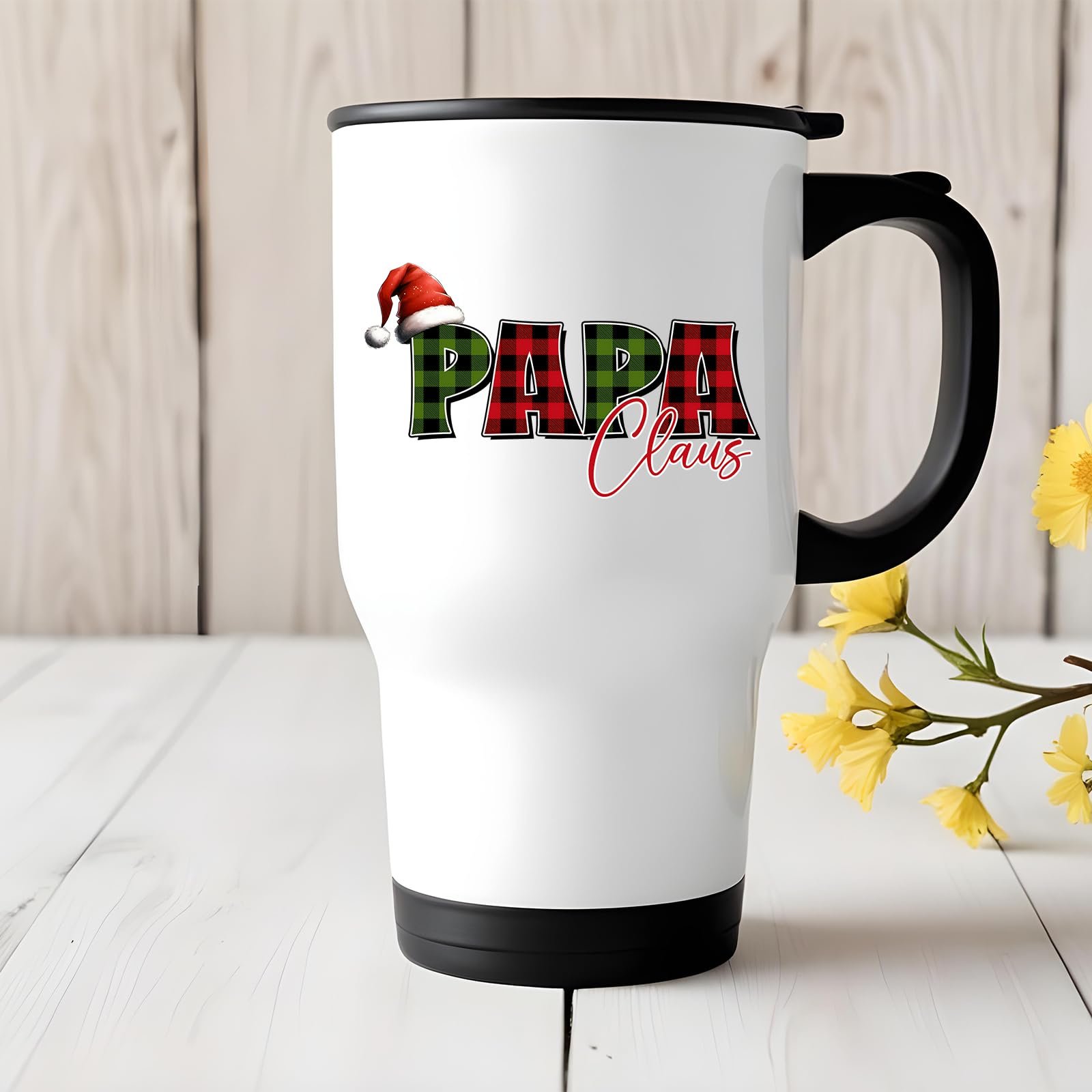 61narjffcdl 1.jpg Papa Claus travel mug on a white wooden table with yellow flowers