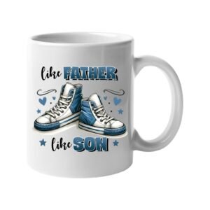 White mug with a pair of blue high-top sneakers with hearts and “Like father, like son”