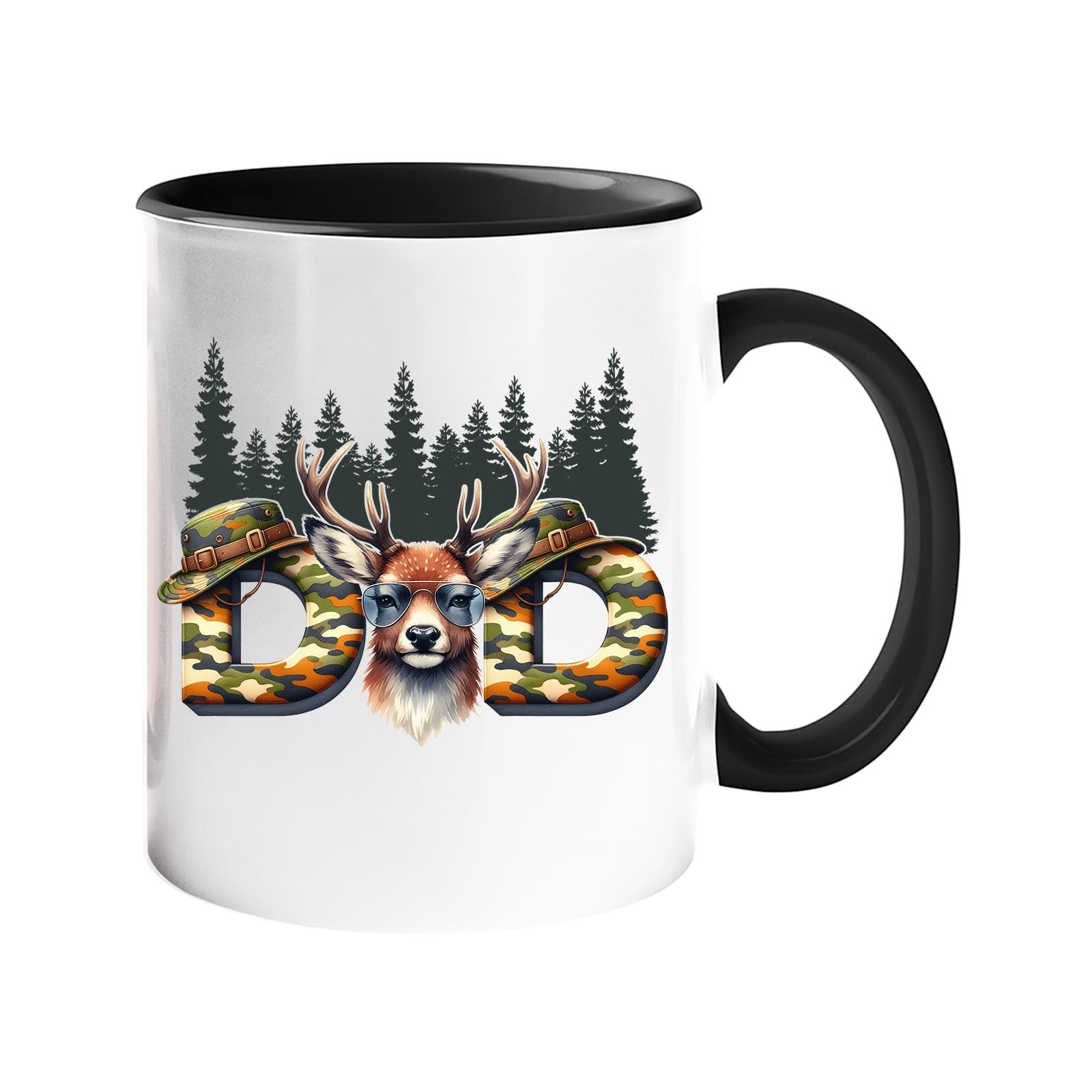 61o5ndlhfdl.jpg Colour handle mug with camo “DAD” letters with a stag’s head and pine forest – black handle and inside