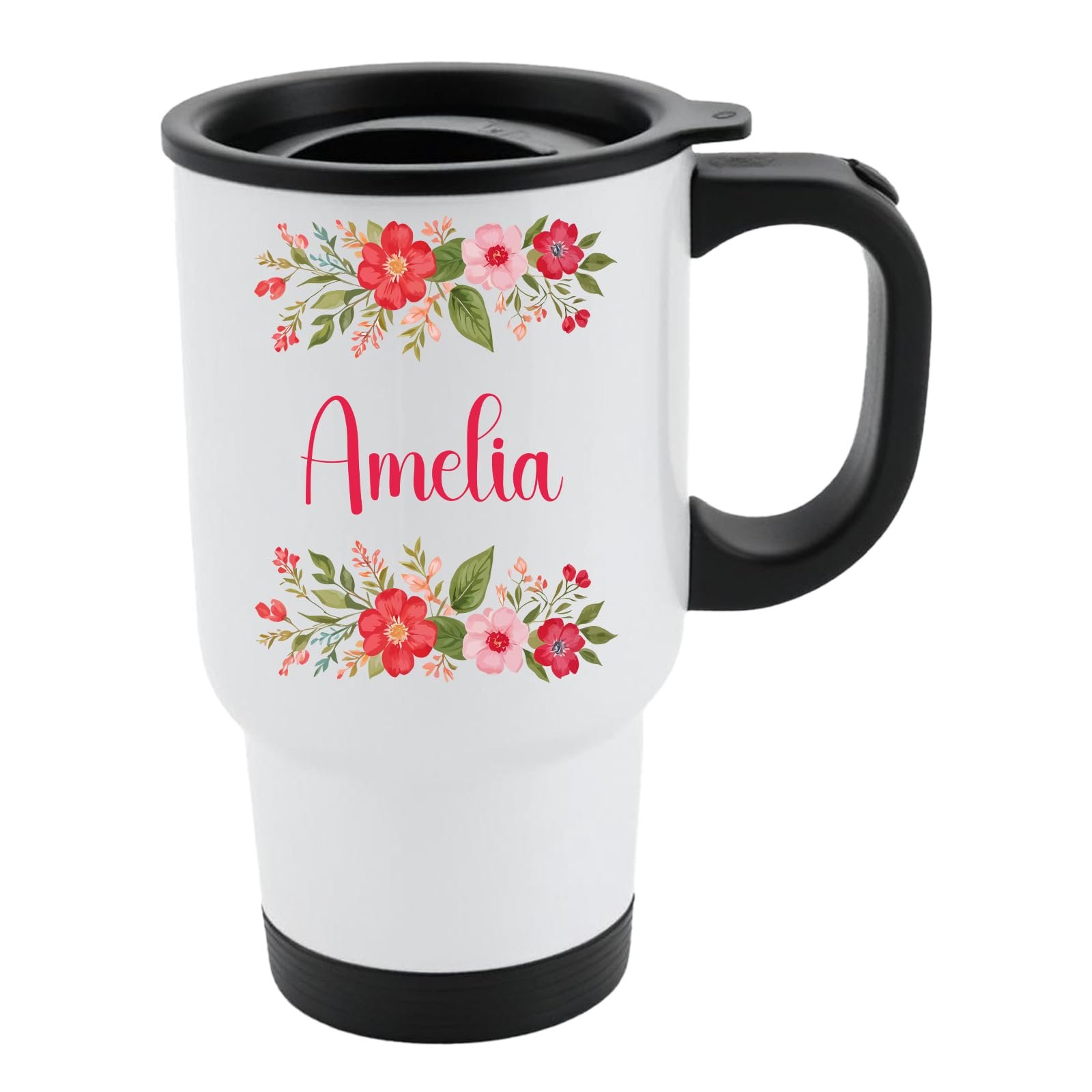 61pbu1qprcl.jpg White travel mug with a red flower border around an example name