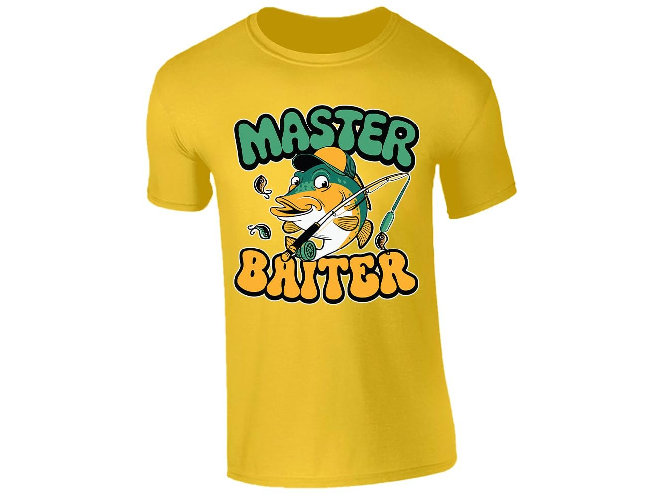 61phrmyczml.jpg Yellow men's T-shirt with “Master Baiter” cartoon fish design