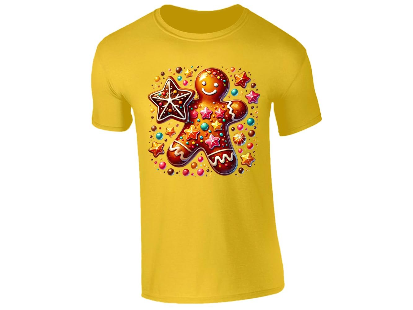 61psll5dbnl.jpg Yellow men's T-shirt with gingerbread man and Christmas sweets design