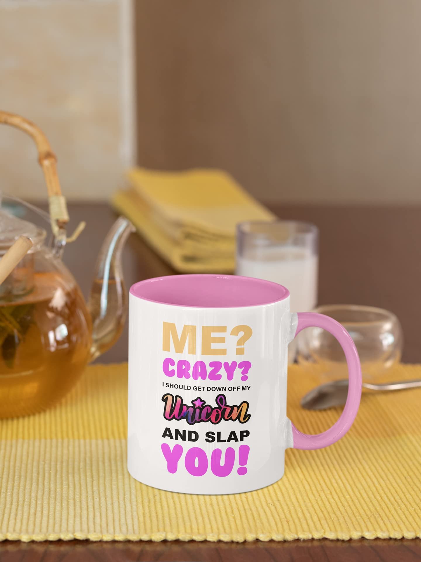 61pdkhhhsfl.jpg Unicorn slogan mug next to a teapot