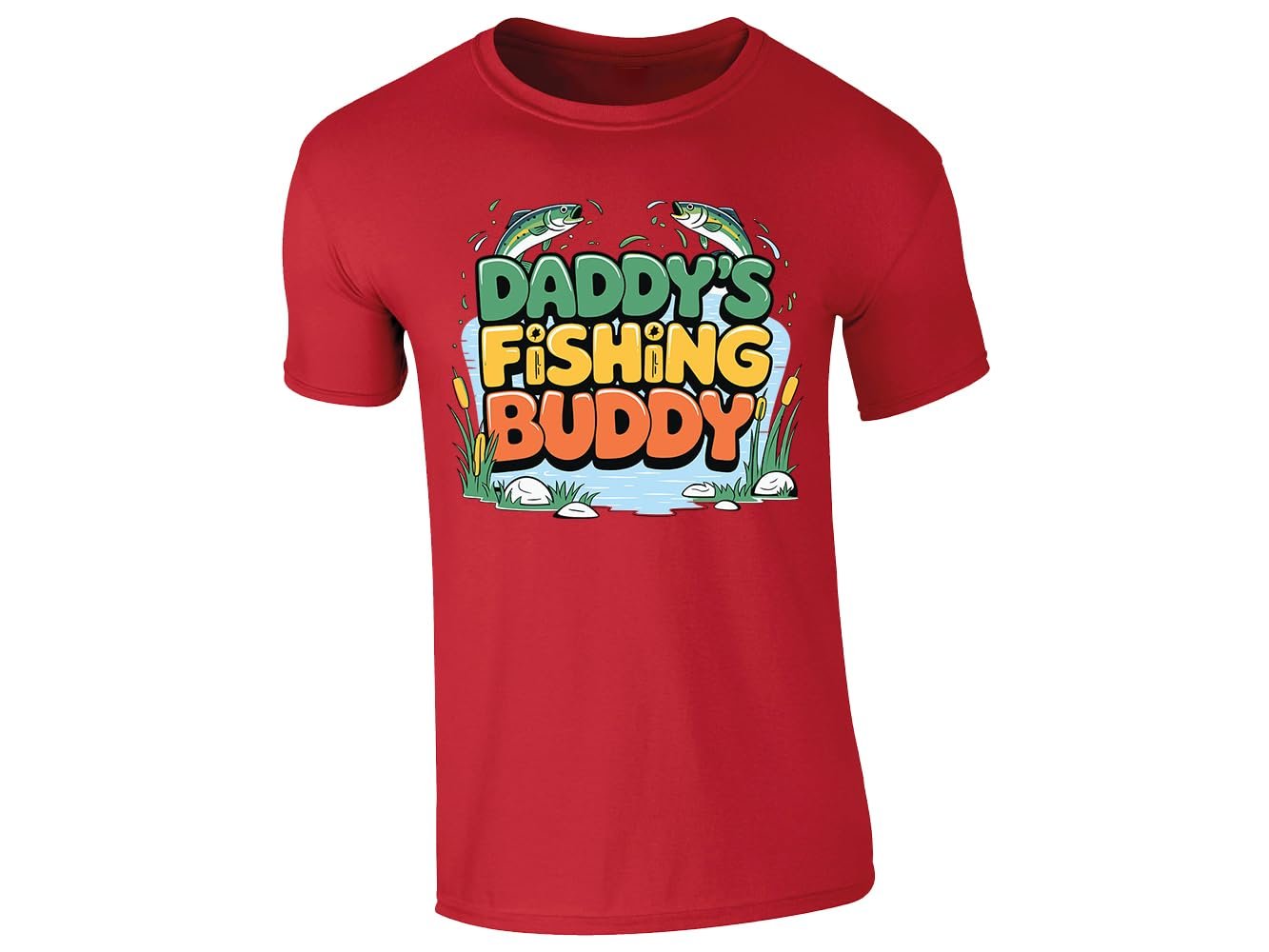 61pzuvffcfl.jpg Red men's T-shirt with “Daddy’s fishing buddy” pond and fish design