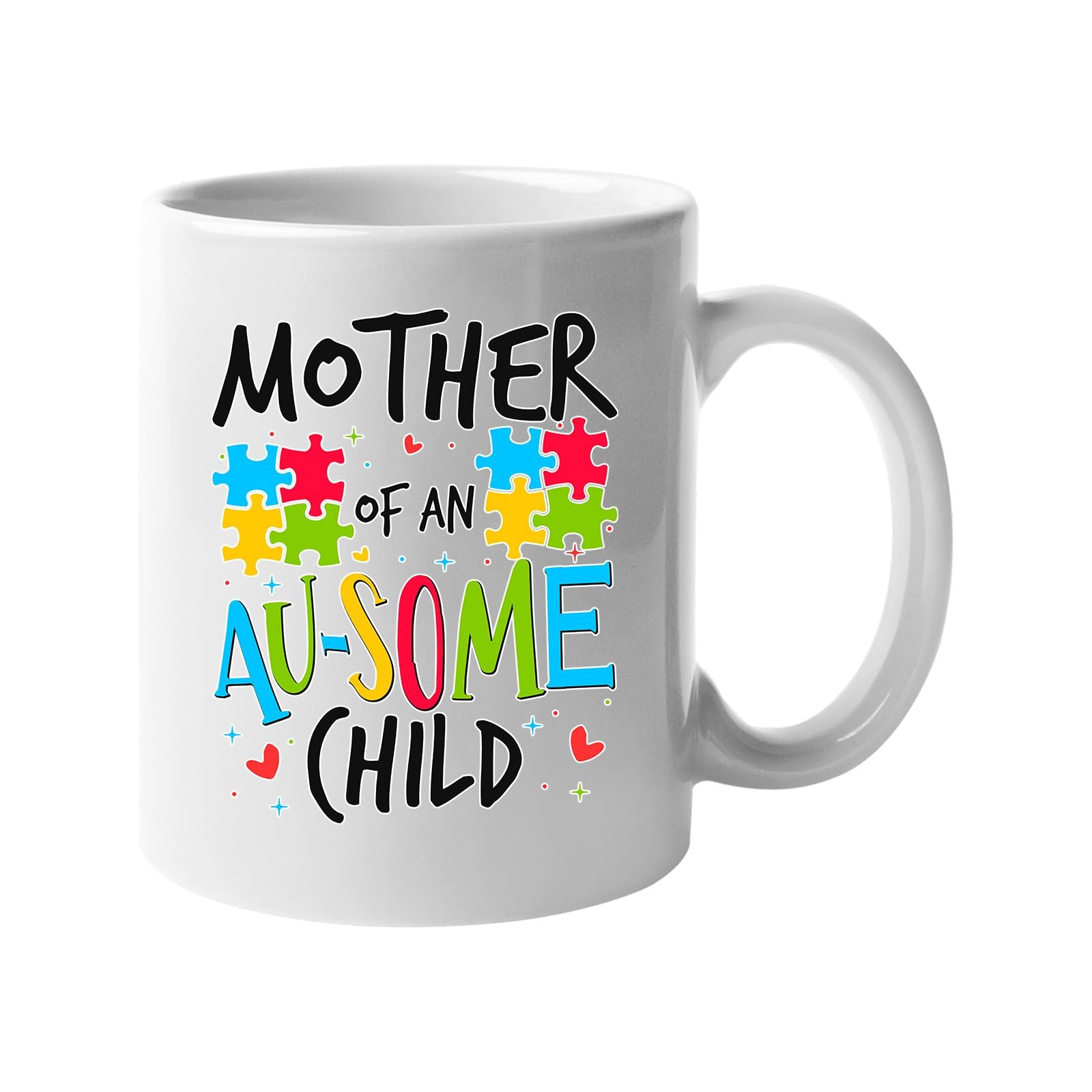 61qygeg8fzl.jpg White mug with “Mother of an AU-SOME child” with colourful puzzle pieces