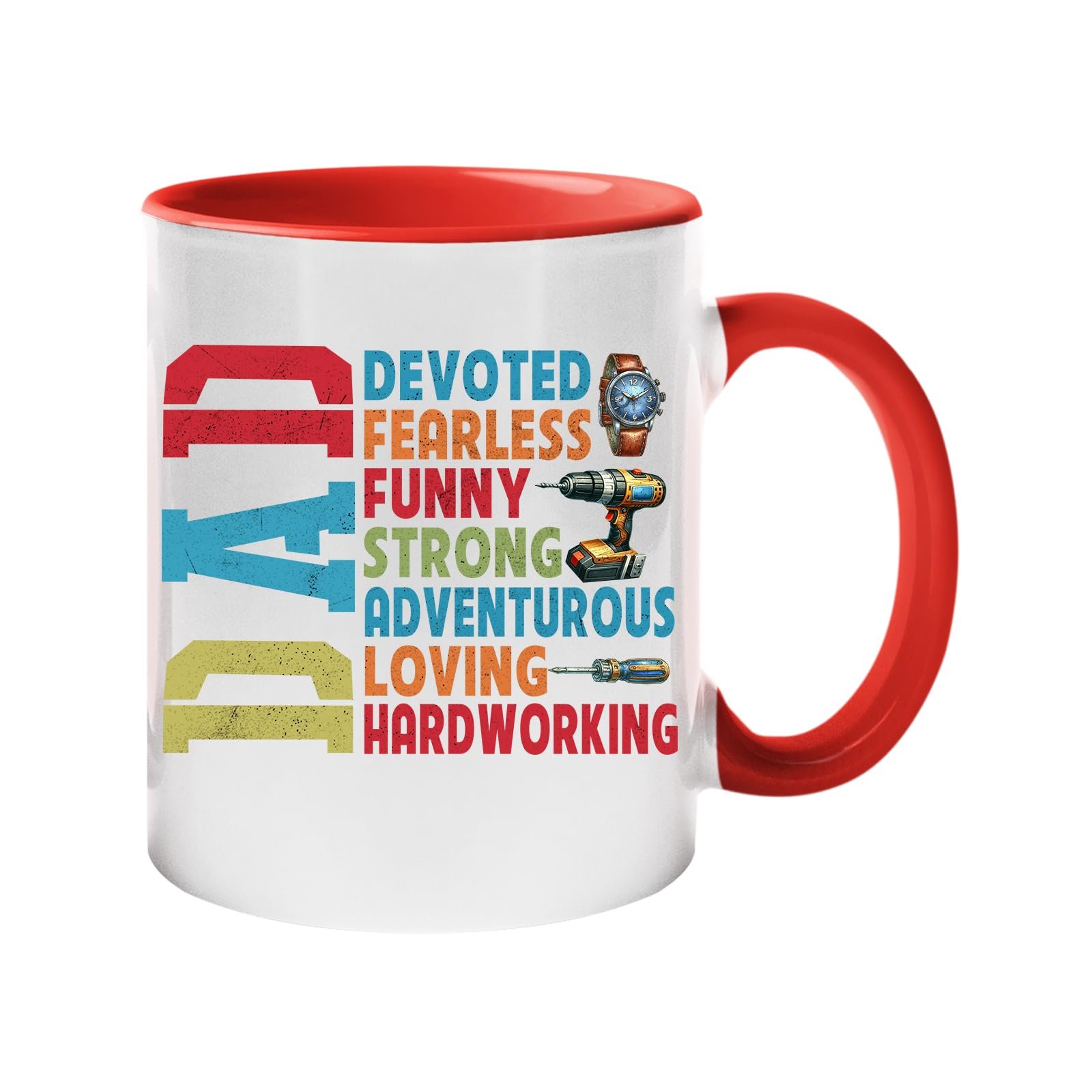 61qwpbcbwkl.jpg Colour handle mug with a vertical “DAD” beside devoted, fearless, funny, strong, adventurous, loving and hardworking – red handle and inside