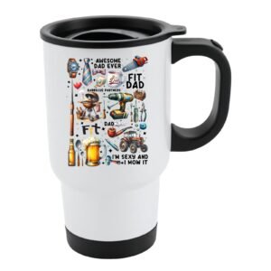 White travel mug with black lid and a collage of dad favourites – BBQ, tools, beer, a tractor and “Awesome Dad Ever”
