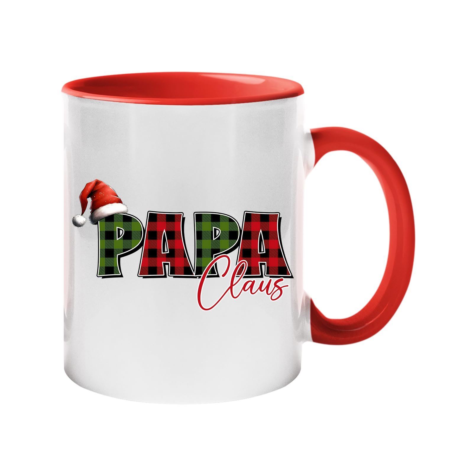61rwthf0wwl.jpg Colour handle mug with “Papa” in red and green plaid with a Santa hat and “Claus” in script – red handle and inside