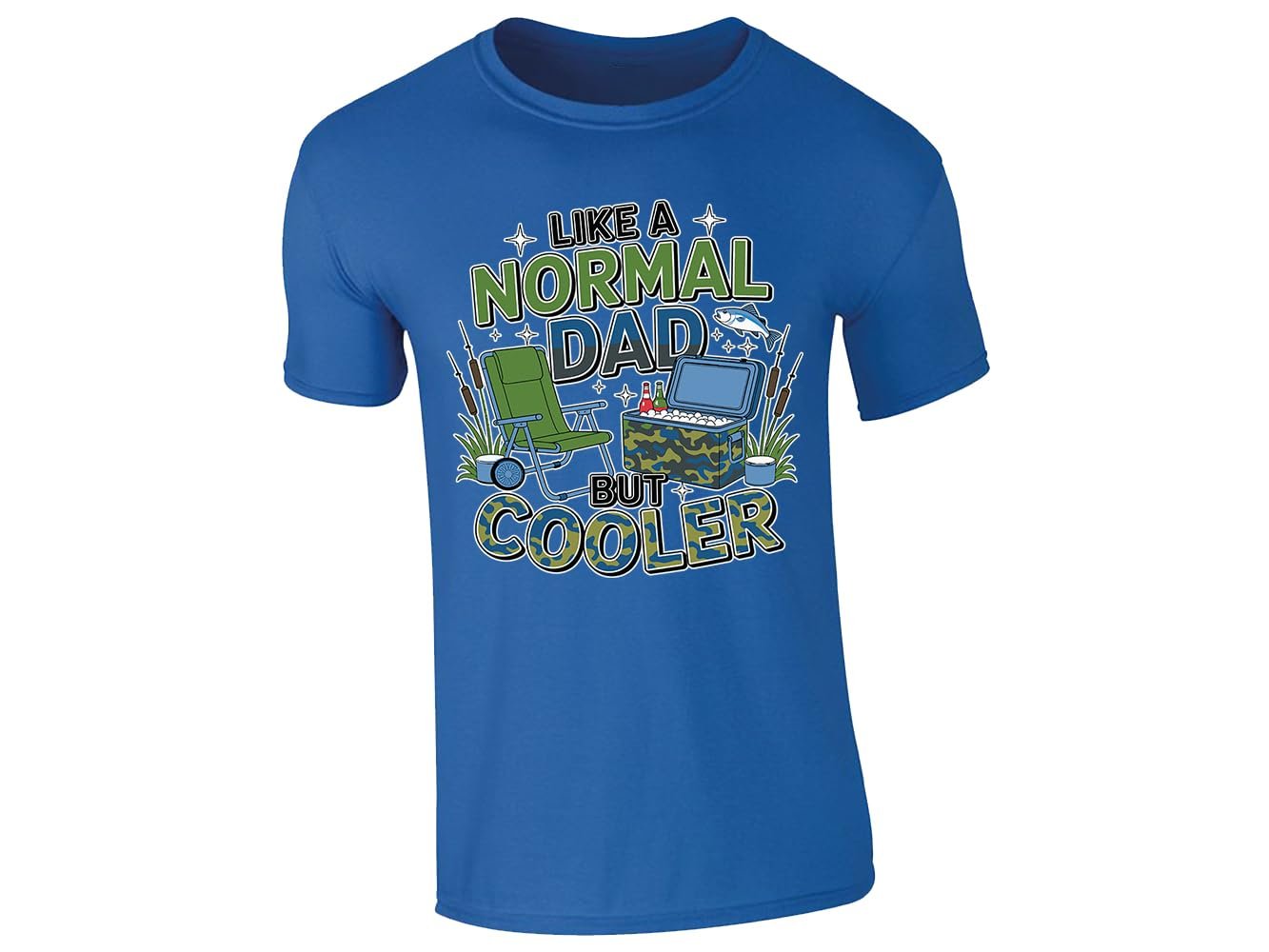 61syysy0dgl.jpg Royal Blue men's T-shirt with “Like a normal dad but cooler” camping chair and cool box design