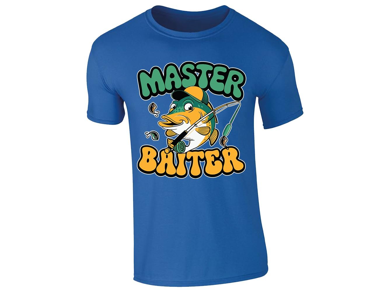 61t0ptq obl.jpg Royal Blue men's T-shirt with “Master Baiter” cartoon fish design