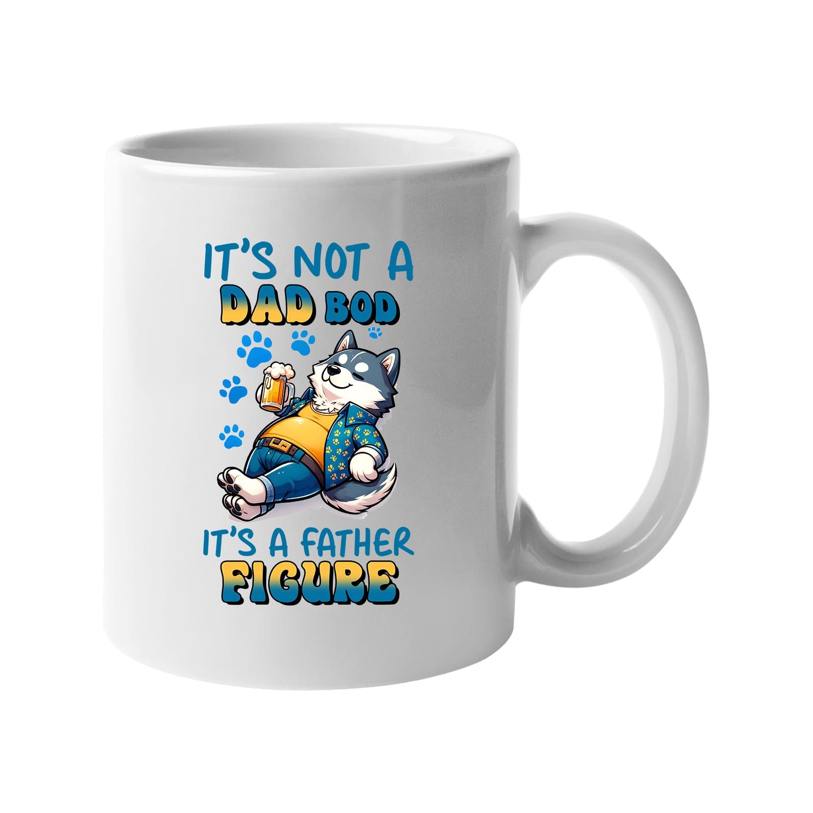 61tcgqaiwsl.jpg White mug with a relaxed husky with a beer and “It’s not a dad bod, it’s a father figure”