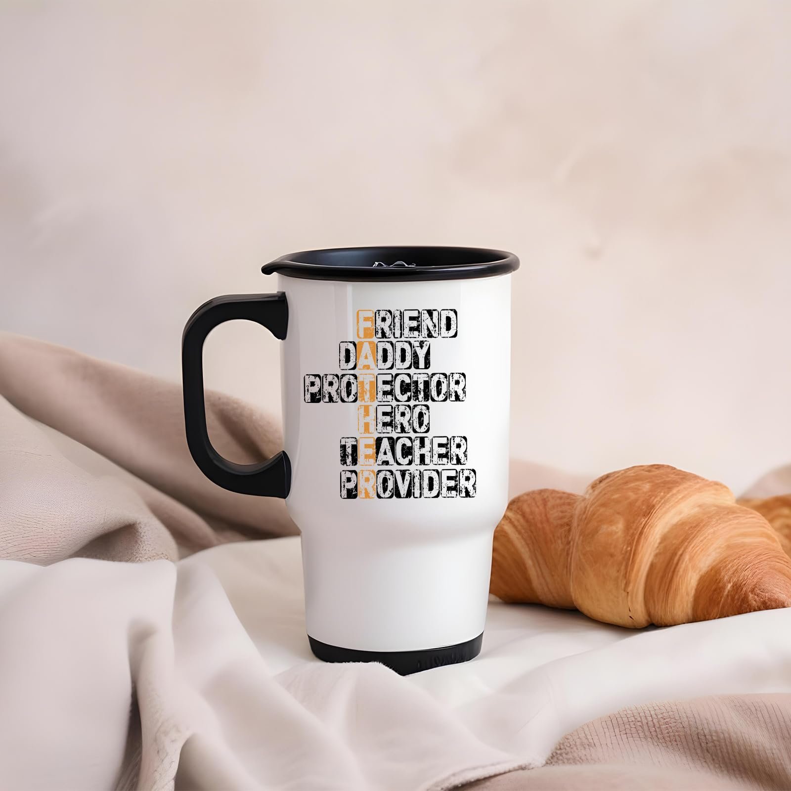 61te8ihyiml.jpg FATHER acrostic travel mug on a soft blanket beside a croissant