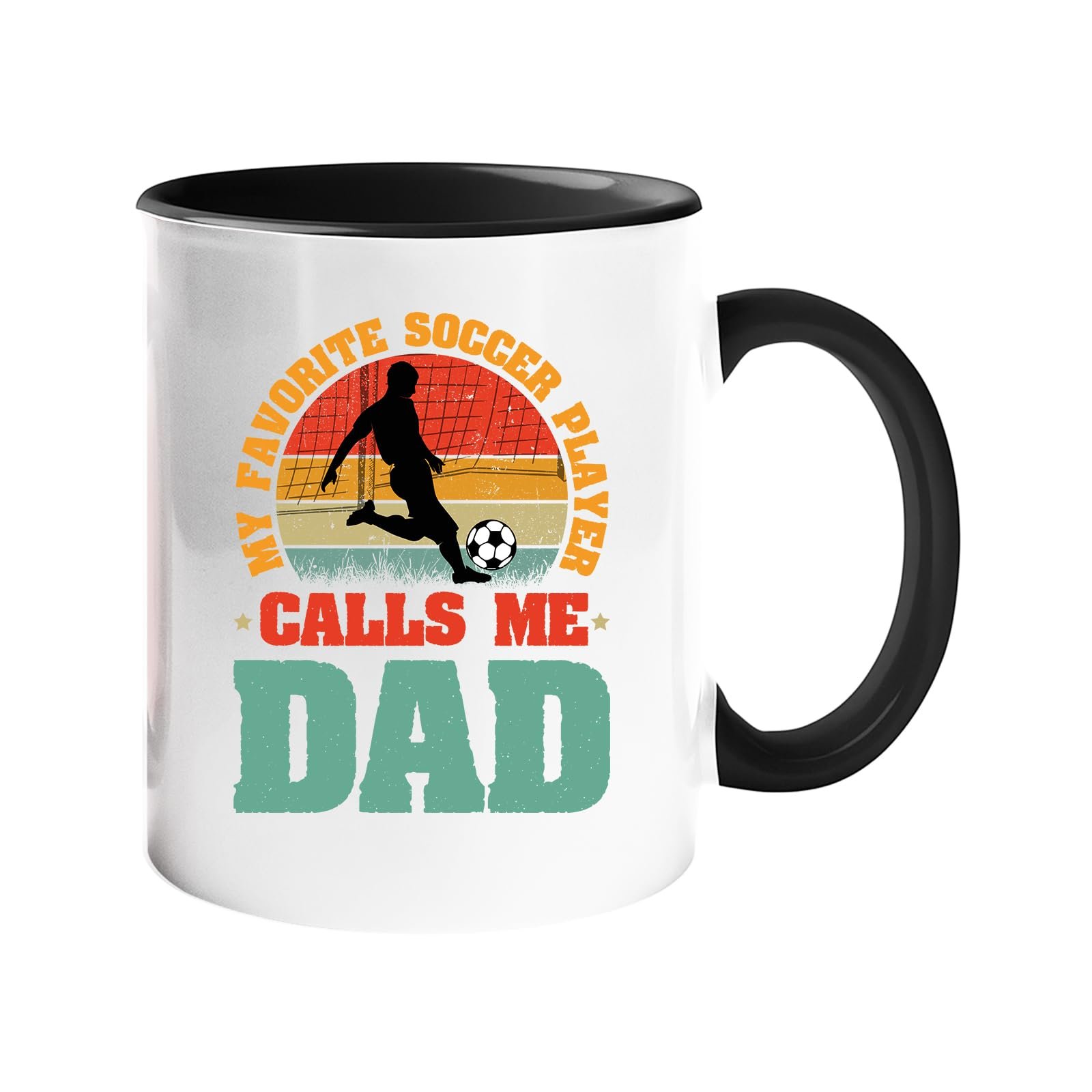 61tl uc4ecl.jpg Colour handle mug with a footballer in silhouette on a retro sunset with “My favorite soccer player calls me Dad” – black handle and inside