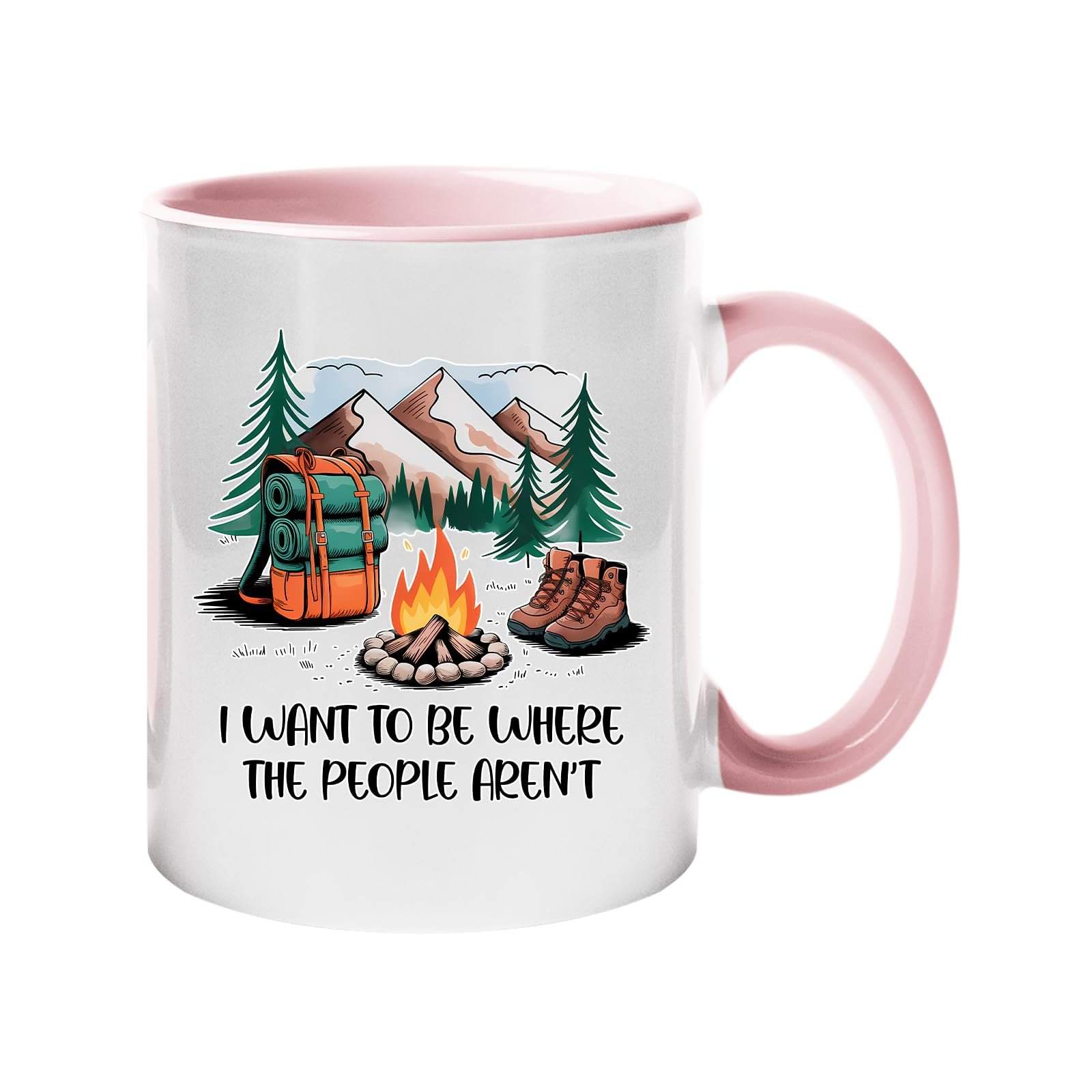 61tlt63ofpl.jpg Colour handle mug with a campfire, backpack, boots and mountains with “I want to be where the people aren’t” – light pink handle and inside