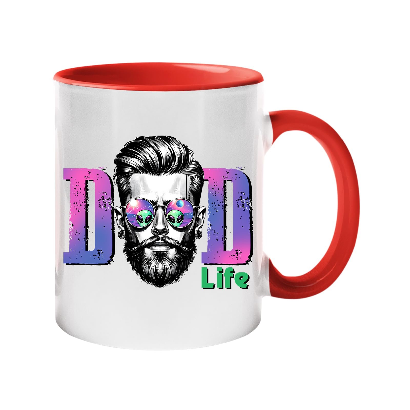 61u9zsvffml.jpg Colour handle mug with a bearded dad in sunglasses between pink “DAD” letters signed “Life” – red handle and inside