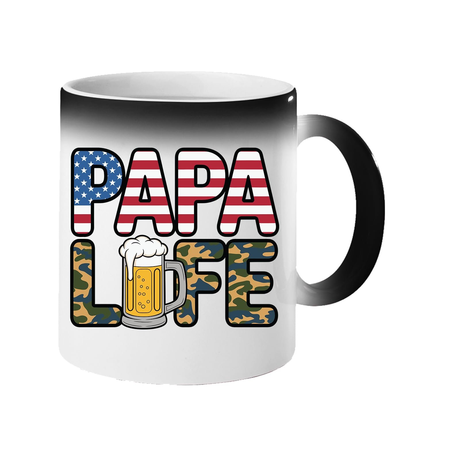 61vqfhumtpl.jpg Colour changing mug revealing “Papa” in stars and stripes over camo “Life” with a frothy beer