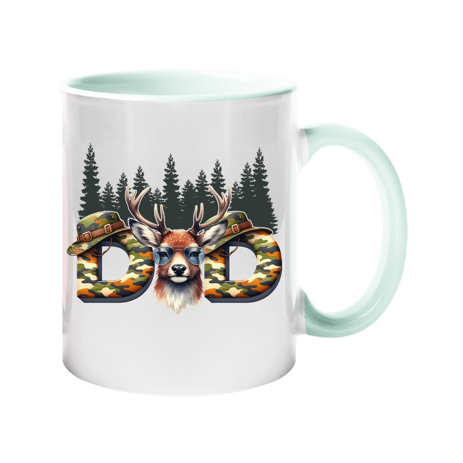 61vvydqpeal.jpg Colour handle mug with camo “DAD” letters with a stag’s head and pine forest – lime handle and inside