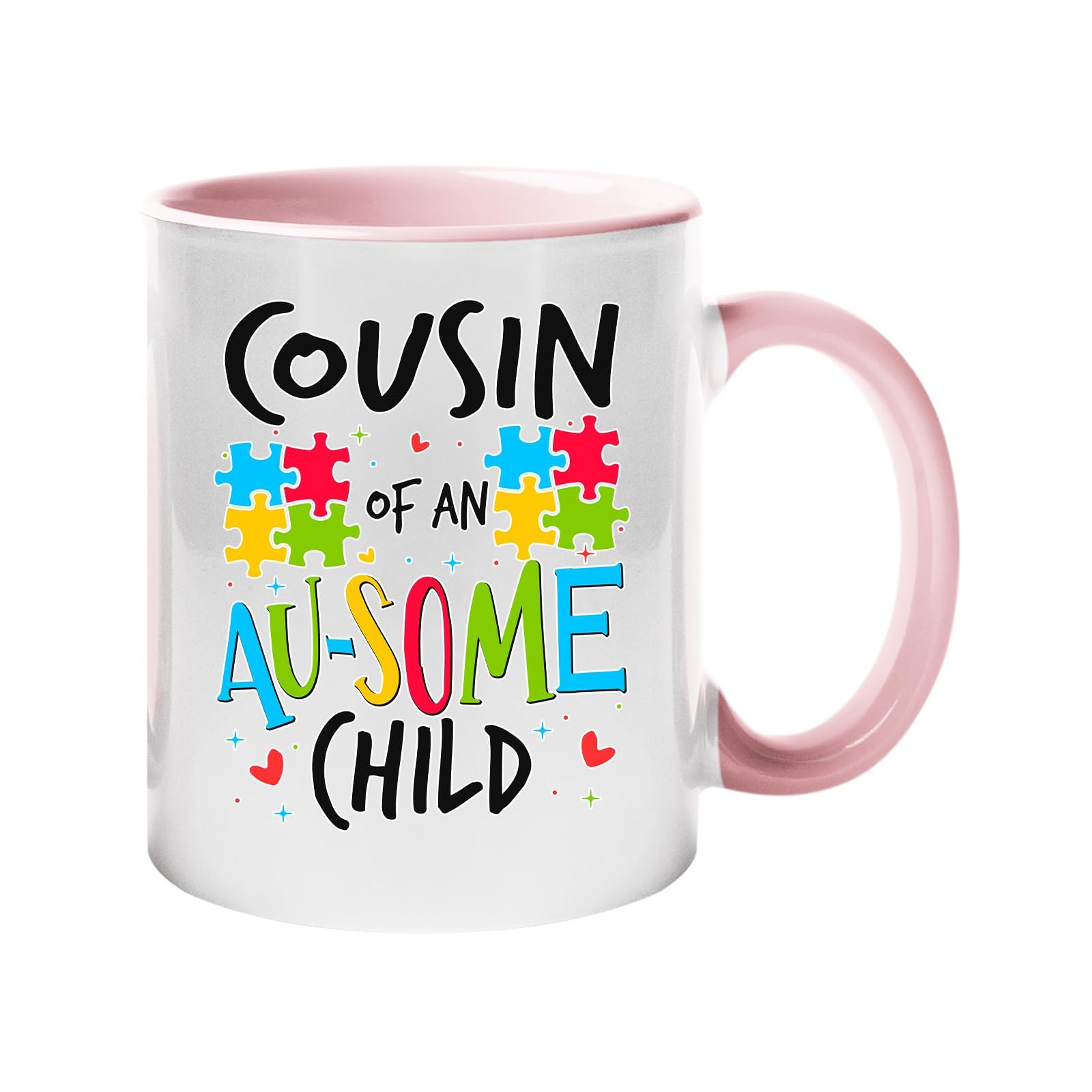 61vdjlhfn7l.jpg Colour handle mug with “Cousin of an AU-SOME child” with colourful puzzle pieces – light pink handle and inside