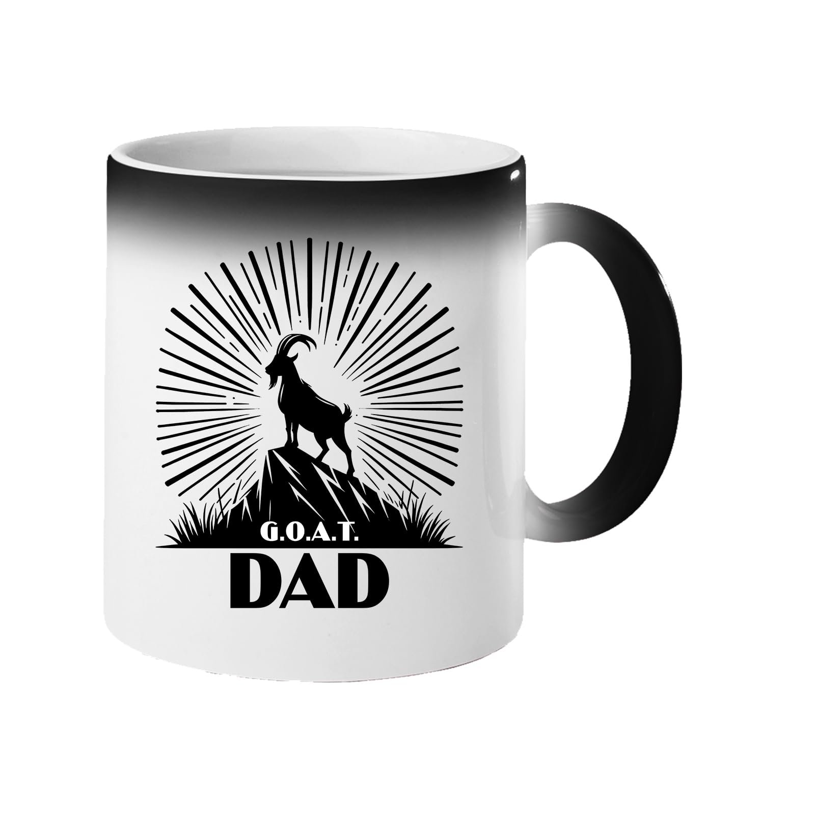 61x grsblnl.jpg Colour changing mug revealing a mountain goat on a peak with a sunburst and “G.O.A.T. Dad”