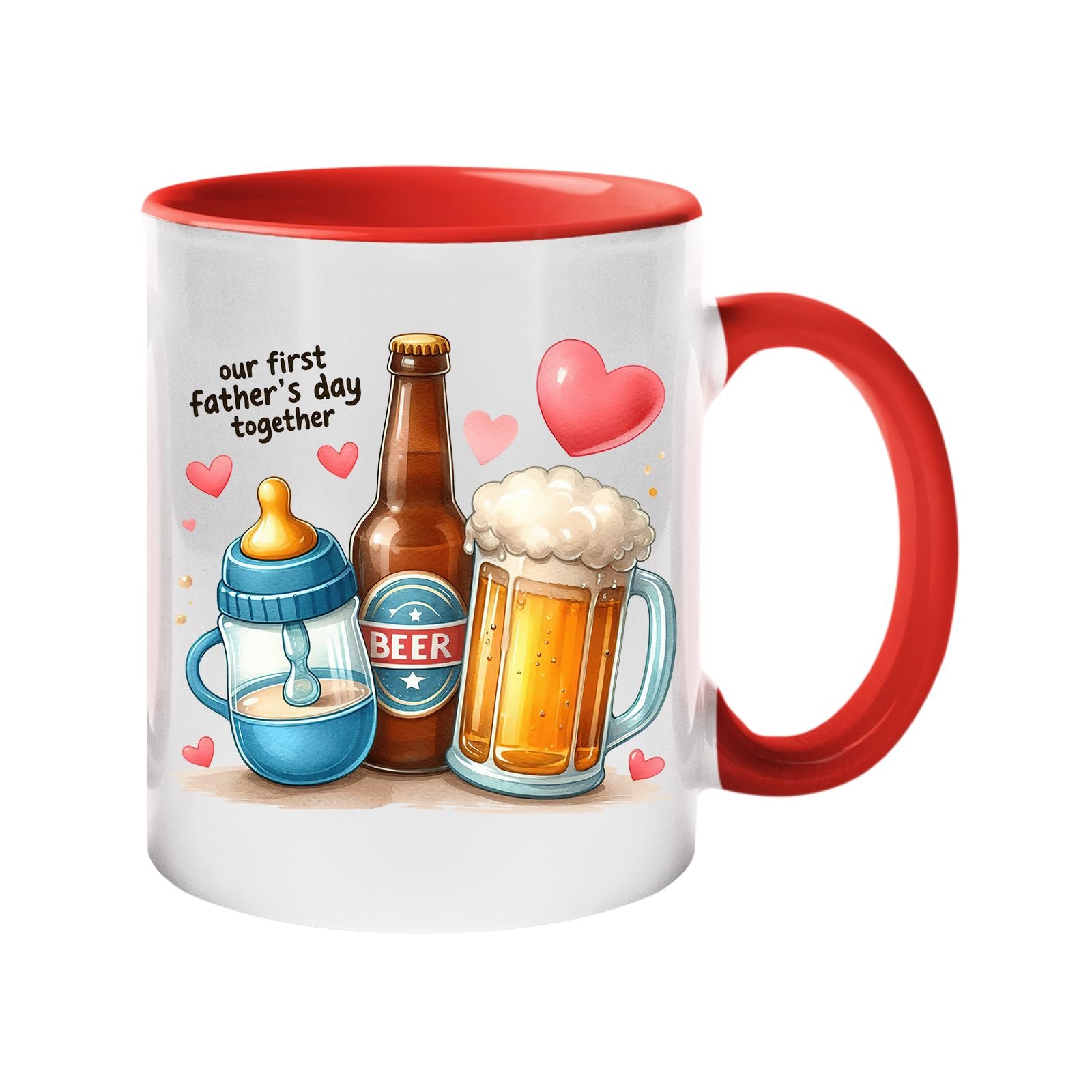 61xflwqesql.jpg Colour handle mug with a baby bottle, a beer bottle and a frothy pint with hearts and “Our first Father’s Day together” – red handle and inside