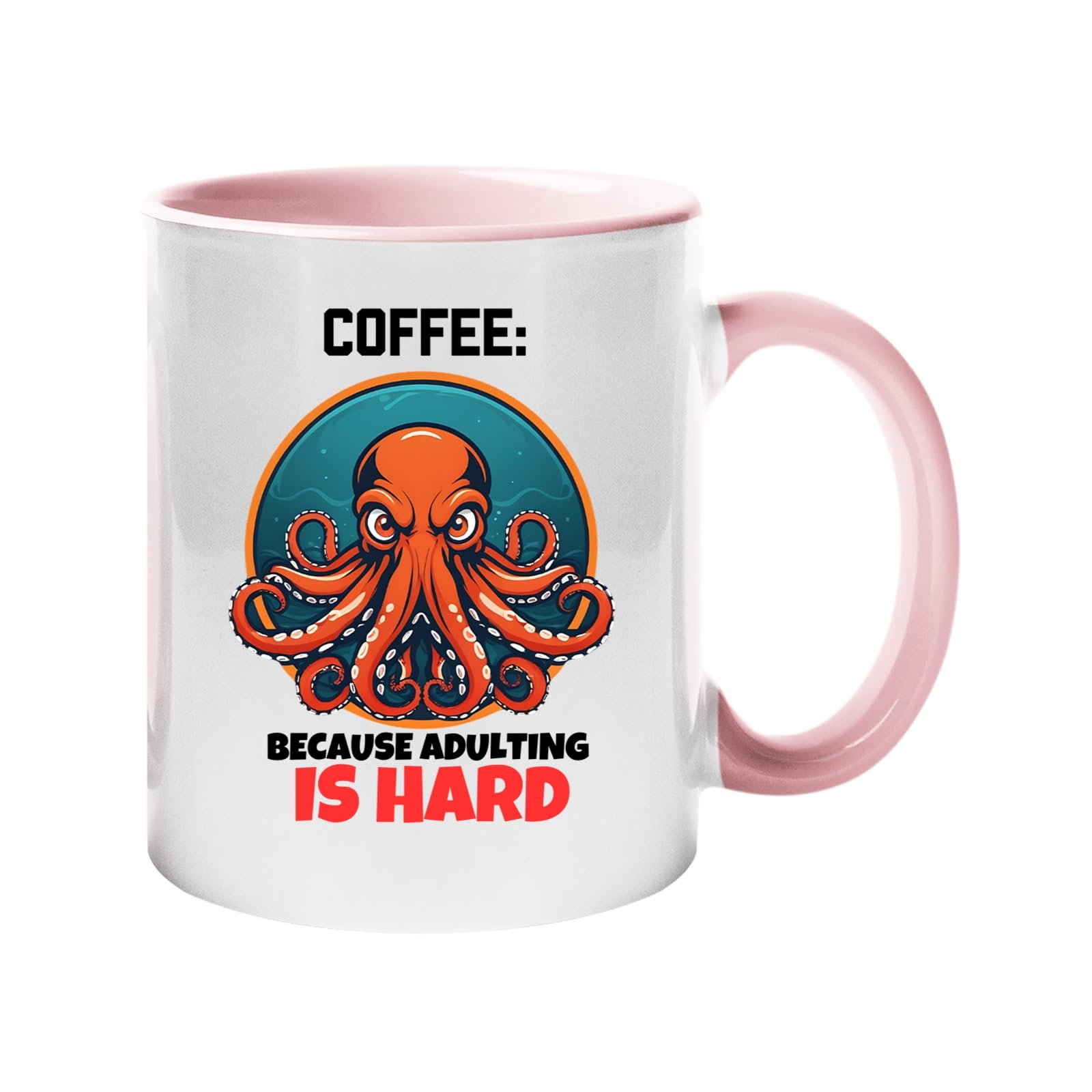 61xgqlqri3l.jpg Colour handle mug with a grumpy orange octopus and “Coffee: because adulting is hard” – light pink handle and inside