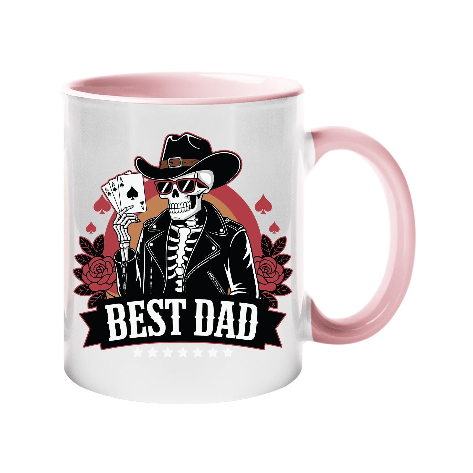 61xivmdyqjl.jpg Colour handle mug with a skeleton cowboy holding aces above a “Best Dad” banner – light pink handle and inside