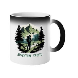 Colour changing mug revealing a hiker on a mountain trail between pine trees with “Adventure awaits”