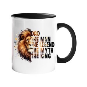 Colour handle mug with a lion’s head beside “Dad – the man, the legend, the myth, the king” – black handle and inside