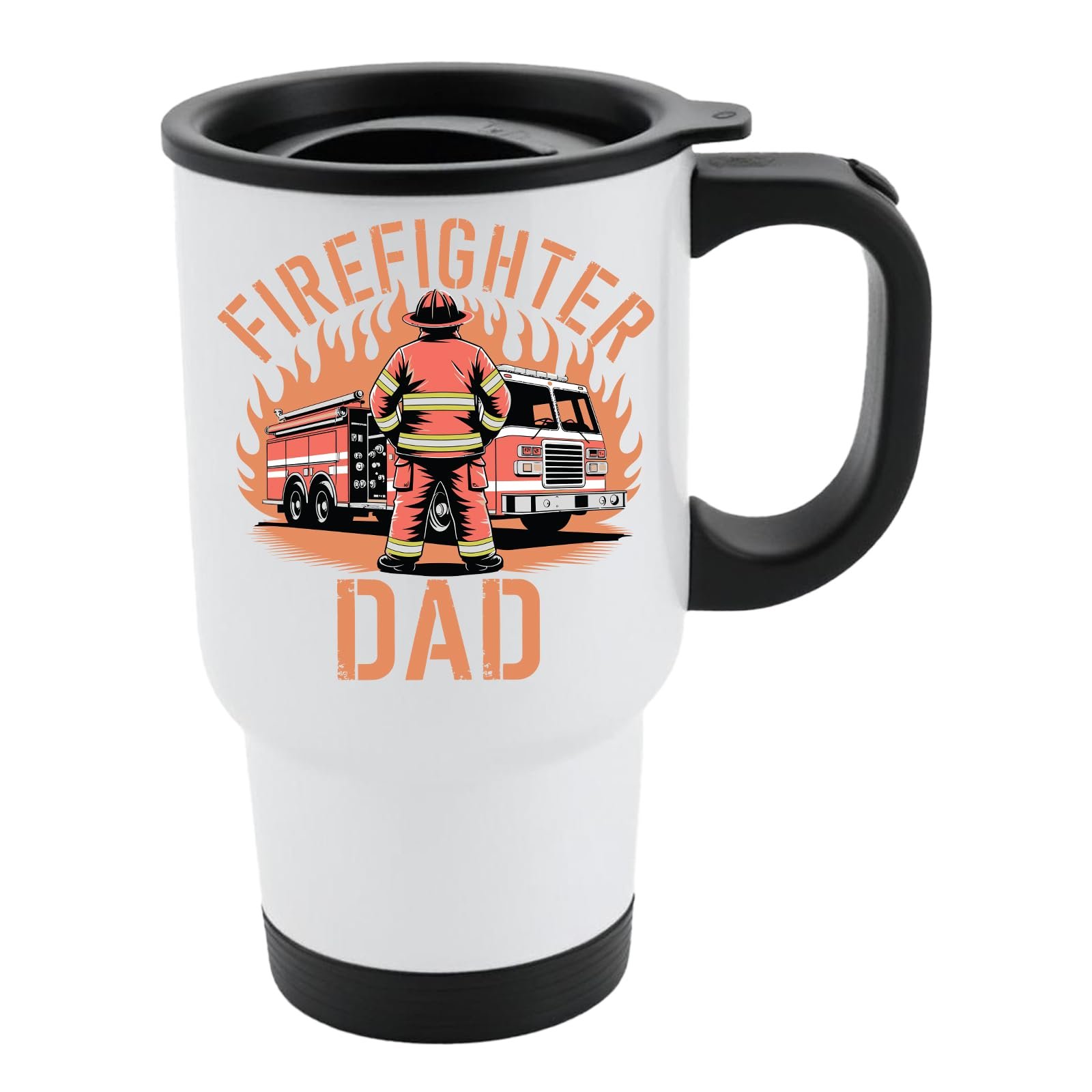 61y sougyil.jpg White travel mug with black lid and a firefighter and fire engine in front of flames with “Firefighter Dad”