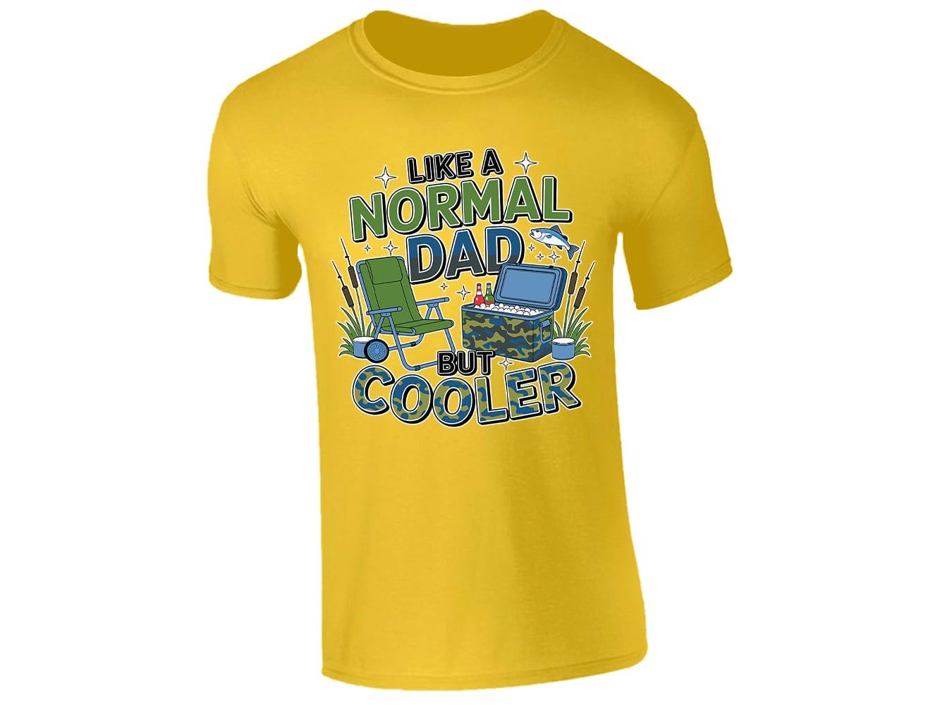 61yuoo29q6l.jpg Yellow men's T-shirt with “Like a normal dad but cooler” camping chair and cool box design