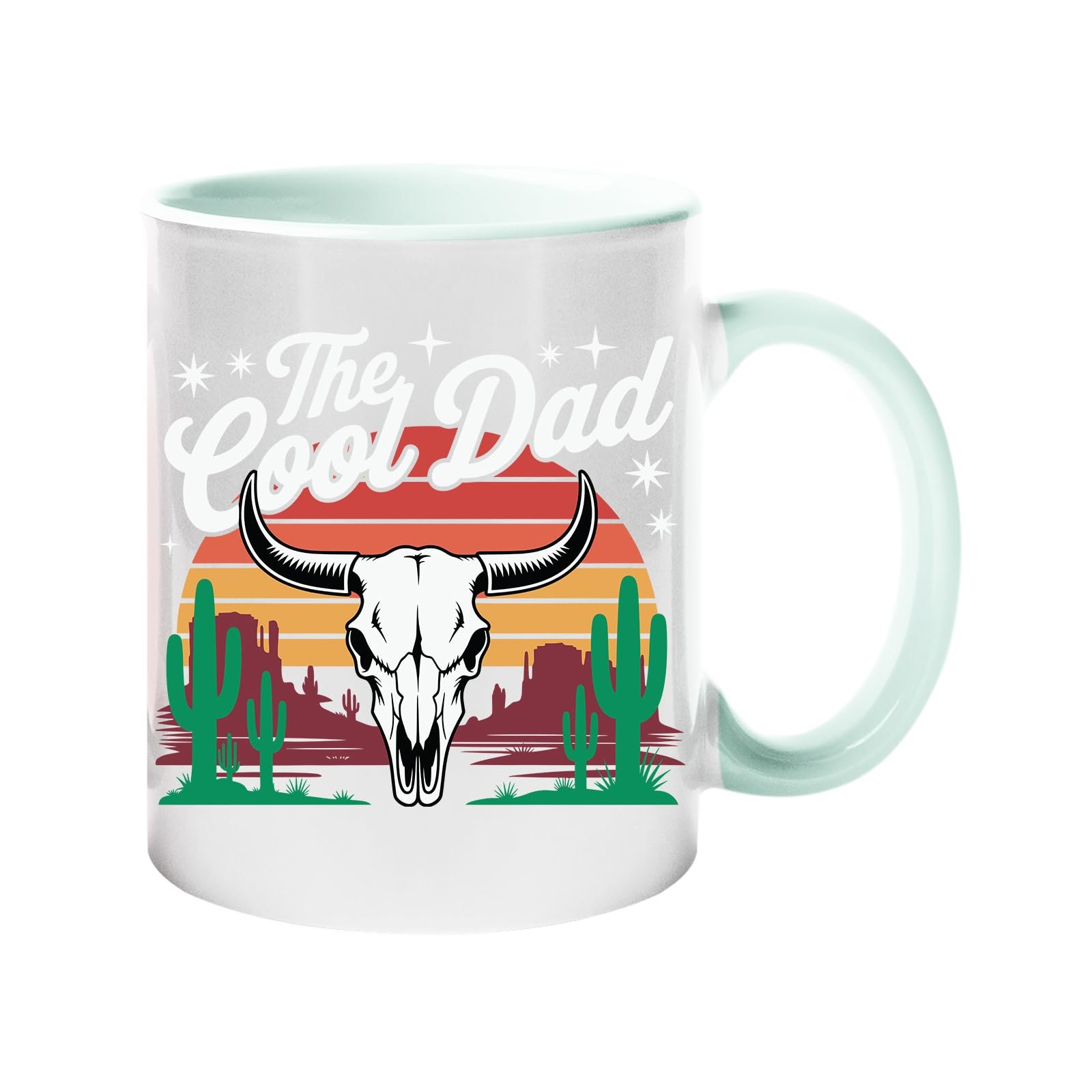 61yecl07 jl.jpg Colour handle mug with a bull skull, cacti and a retro desert sunset with “The Cool Dad” – lime handle and inside