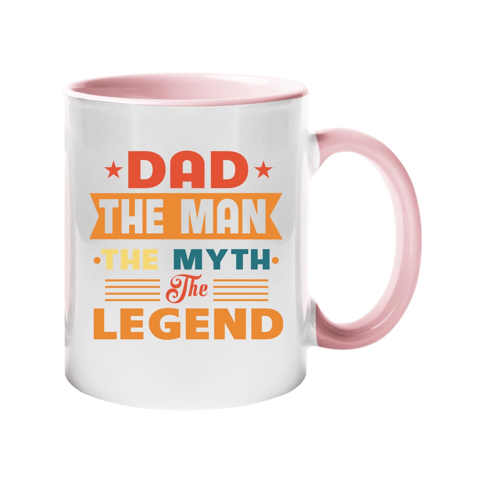 61zmhgf4qcl.jpg Colour handle mug with “Dad – the man, the myth, the legend” in retro banner lettering – light pink handle and inside