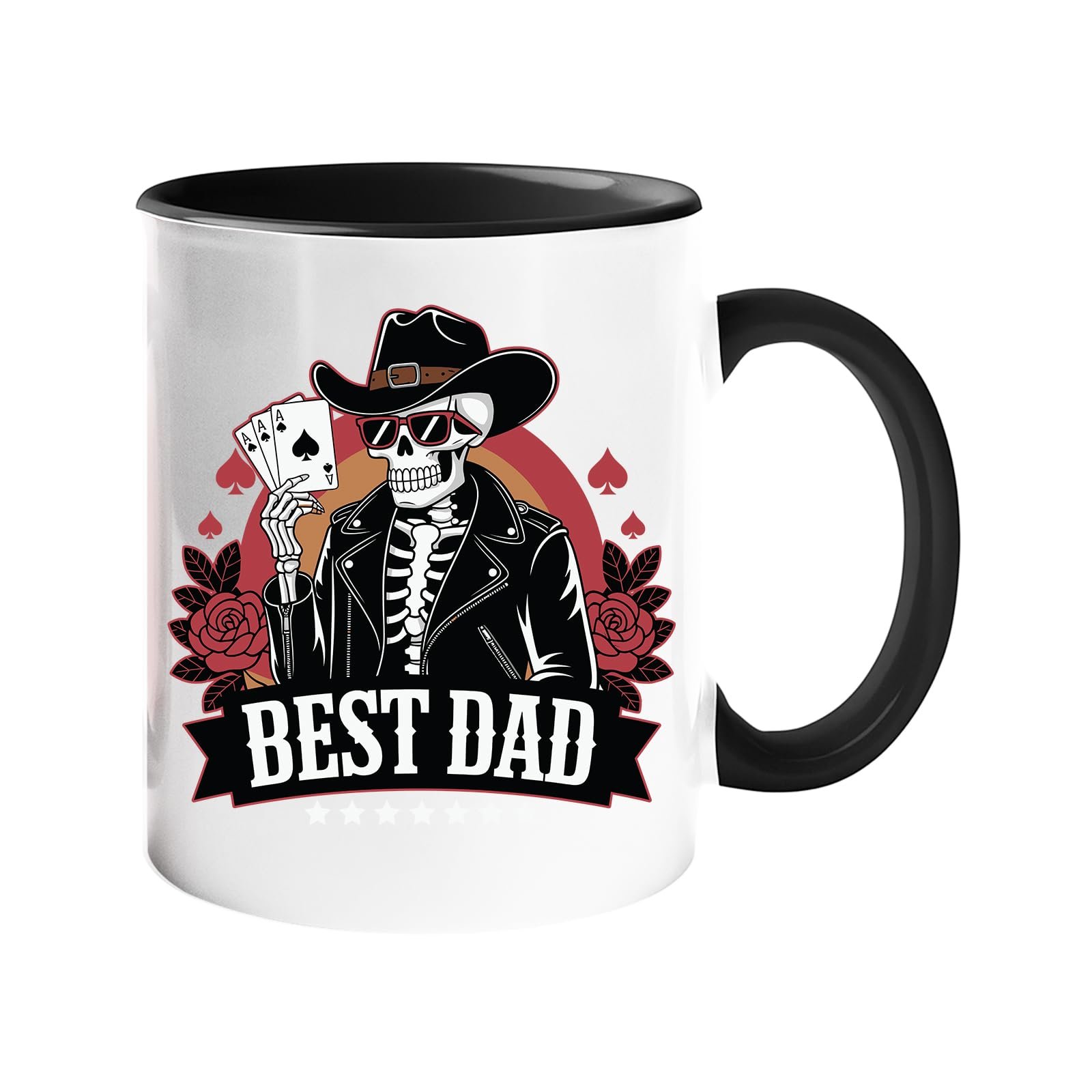 61zavznh6rl.jpg Colour handle mug with a skeleton cowboy holding aces above a “Best Dad” banner – black handle and inside