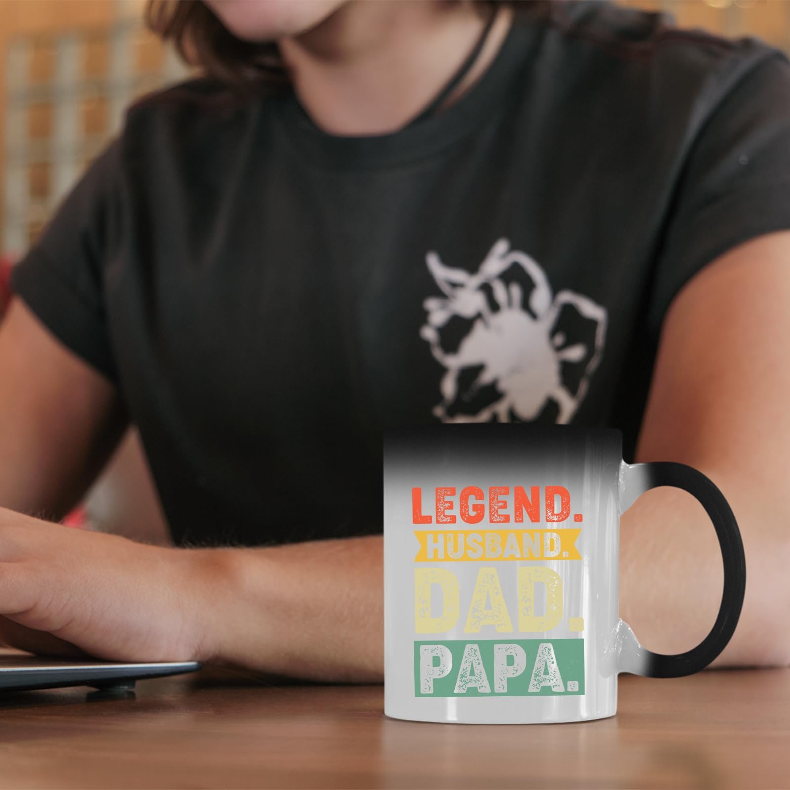 61zma82s 9l.jpg Legend Husband Dad Papa colour changing mug on a desk beside a laptop