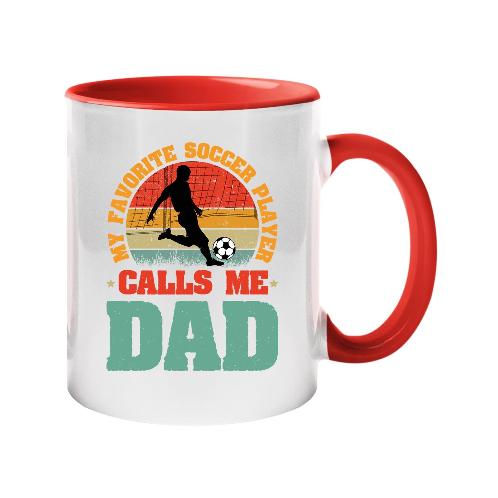 61zvrt i11l.jpg Colour handle mug with a footballer in silhouette on a retro sunset with “My favorite soccer player calls me Dad” – red handle and inside