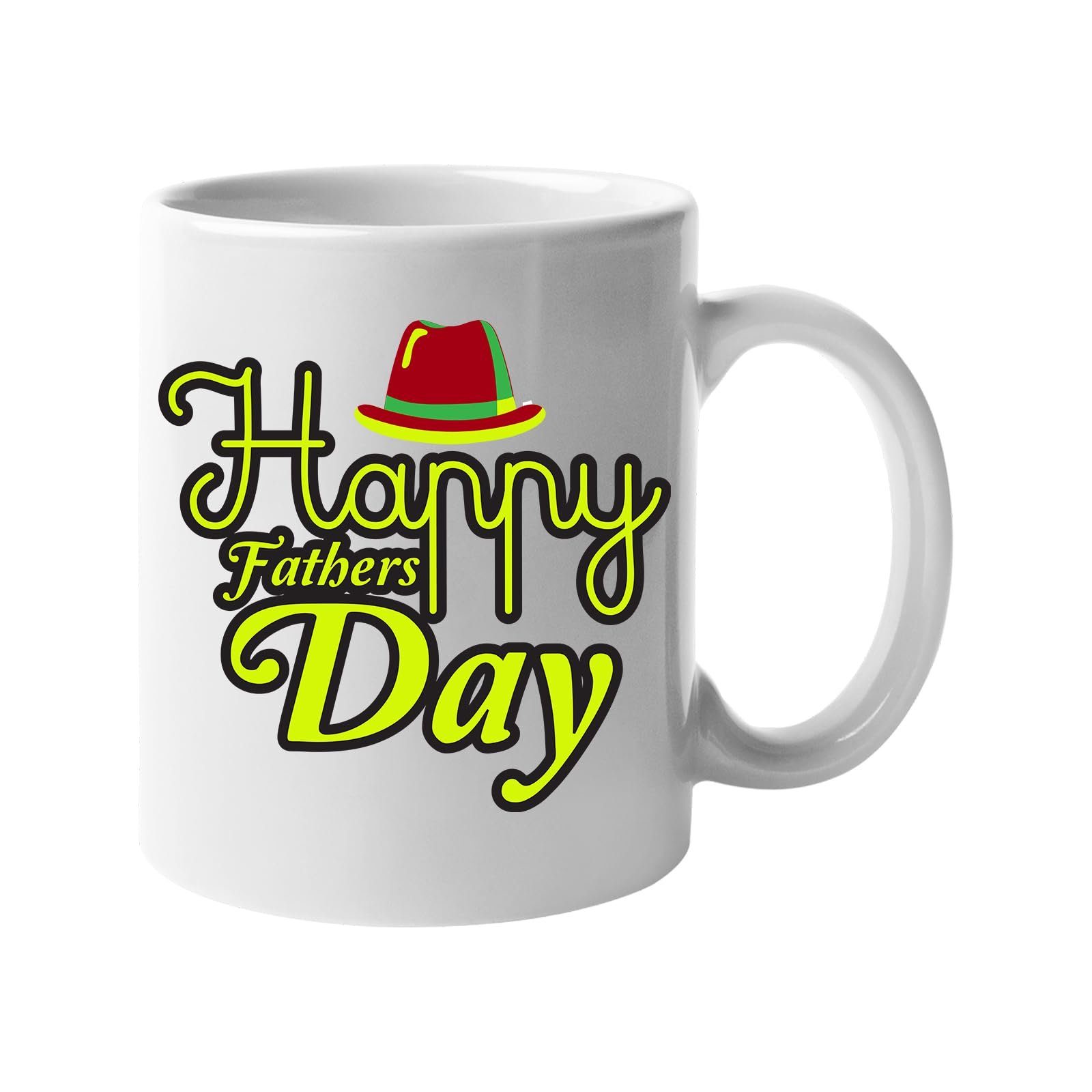 6c35f8cb.jpg White 11oz mug with “Happy Father's Day” in bold yellow-green lettering with a red hat