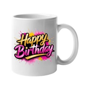 White 11oz mug with neon pink and yellow script “Happy Birthday” lettering