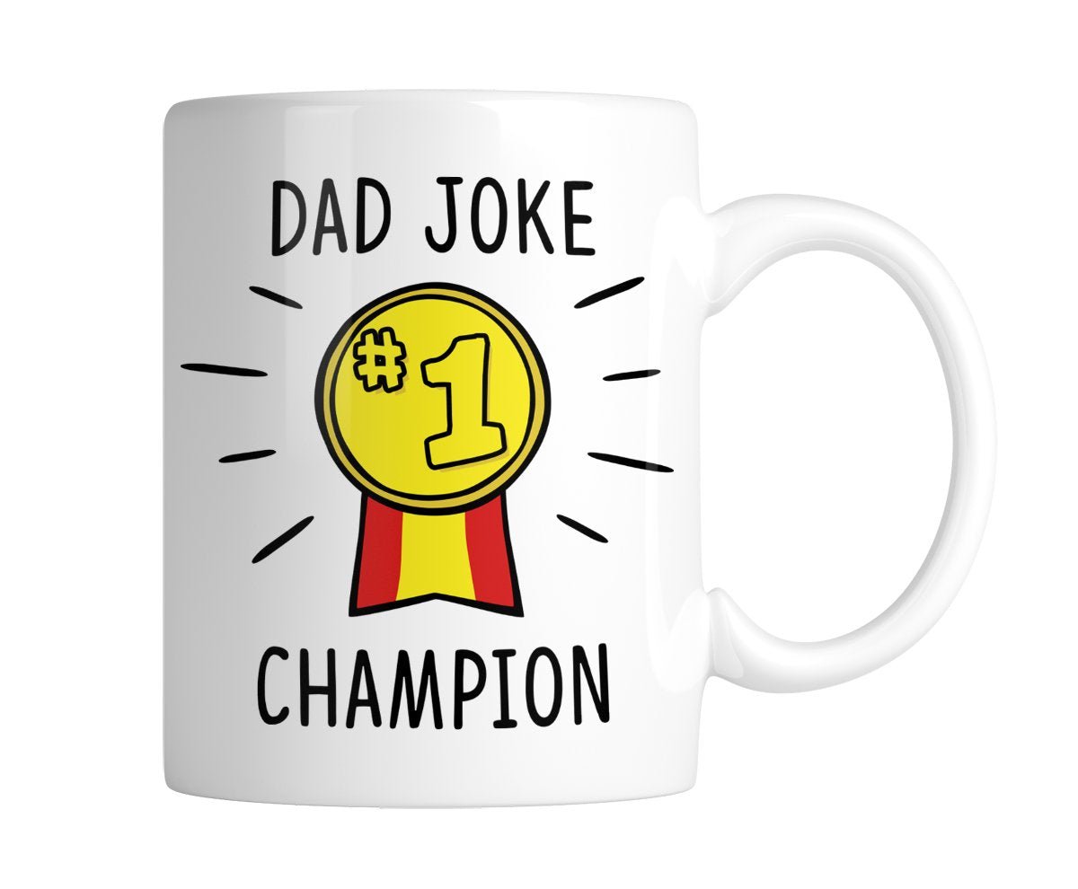 6e733042.jpg White mug with Dad Joke Champion and a gold No.1 medal, handle on the right