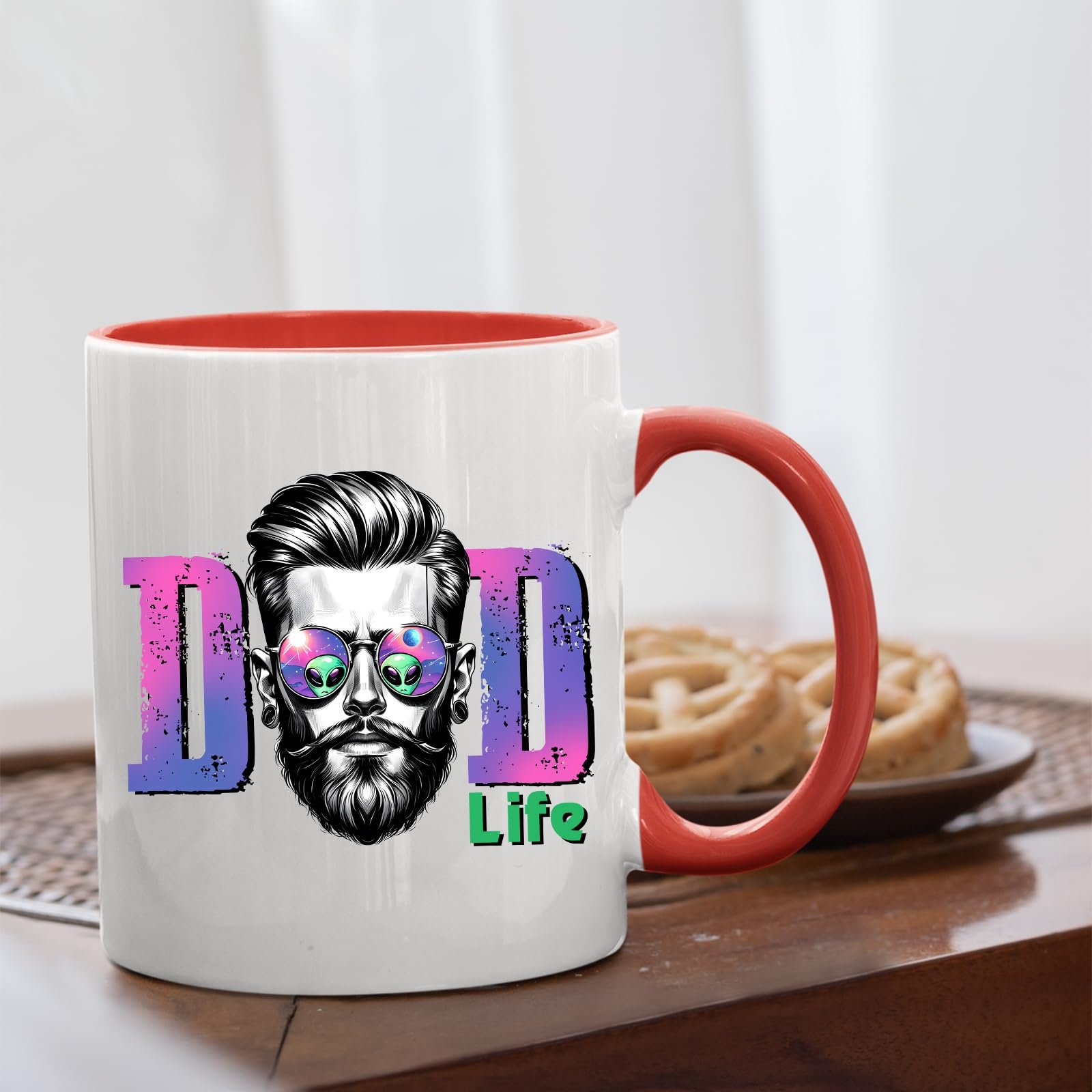 71 hloi1bzl.jpg Dad Life bearded dad mug with a red handle beside biscuits