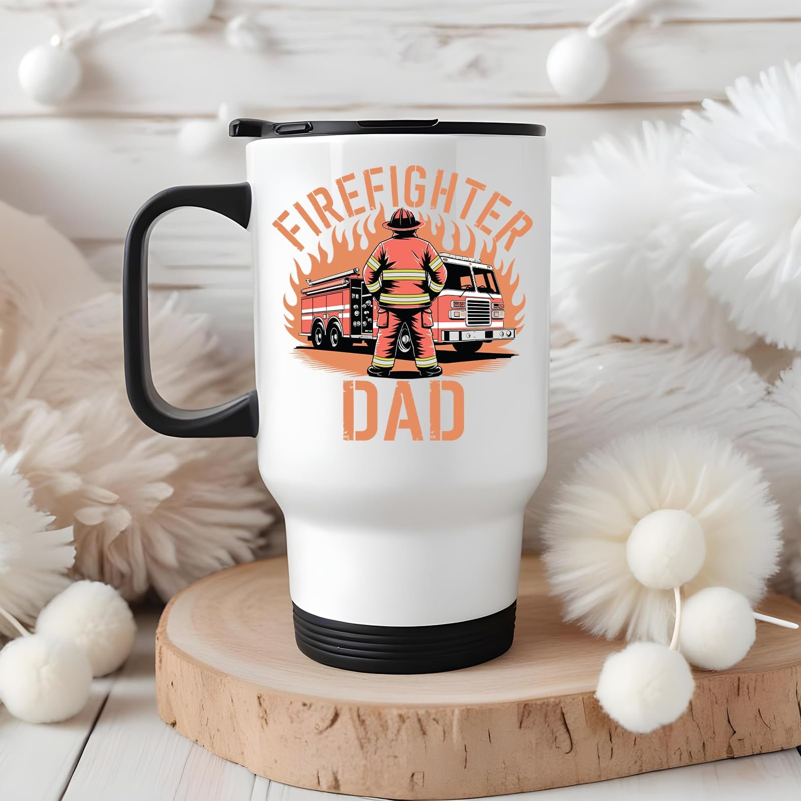 7103t91onzl.jpg Firefighter Dad travel mug on a wooden slice with white pom-poms