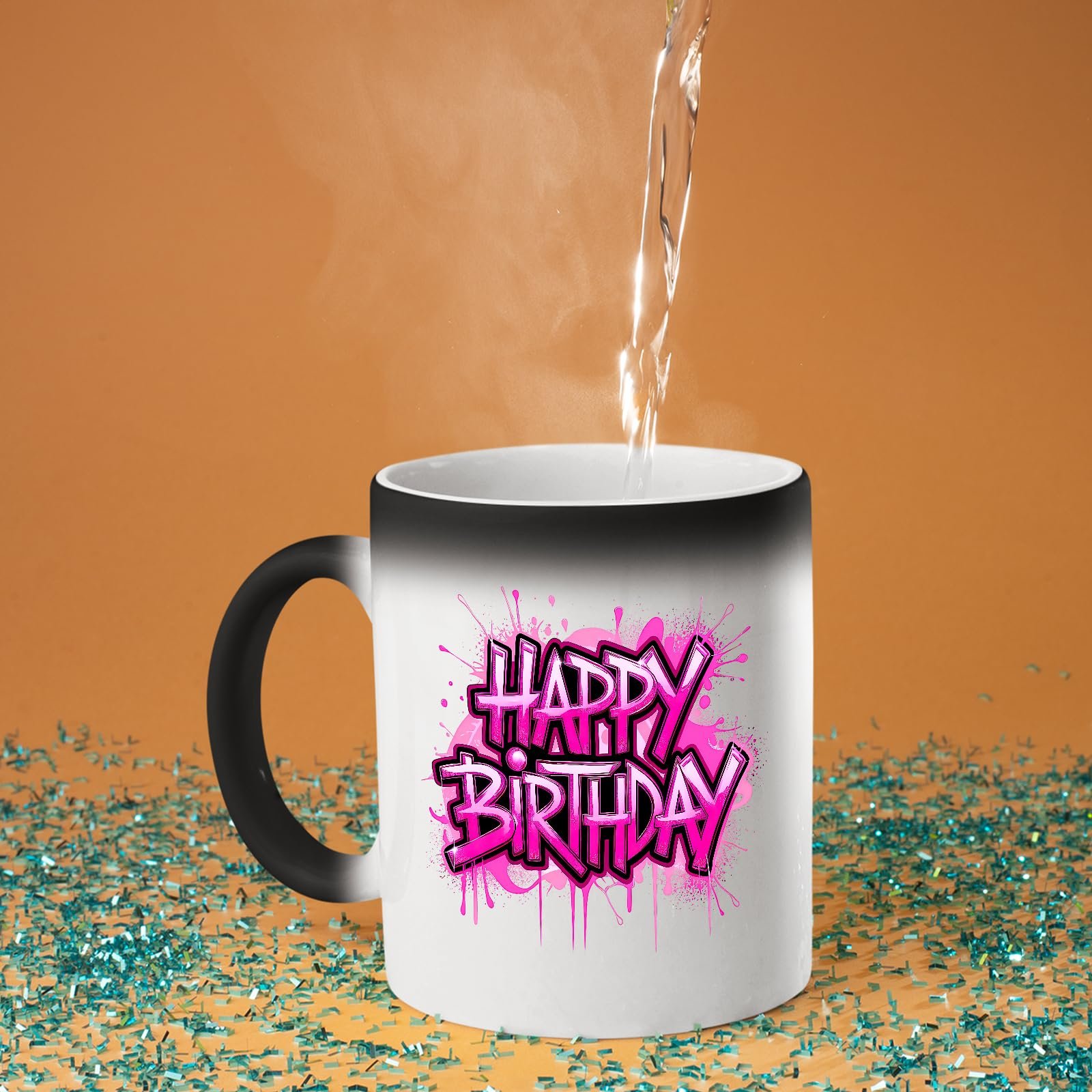 711lxqviygl.jpg Hot water poured into the Happy Birthday pink drip colour changing mug as the design appears