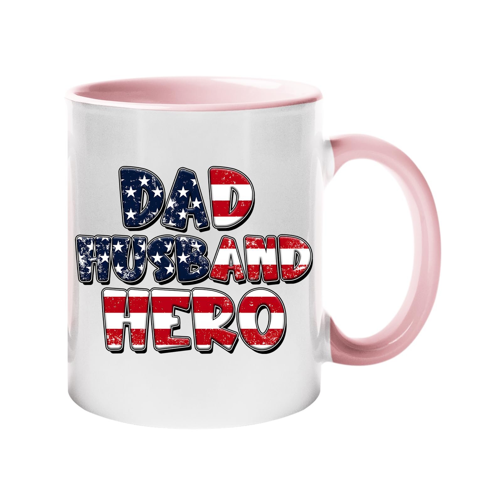 711mtbcaf0l.jpg Colour handle mug with “Dad, Husband, Hero” in stars-and-stripes lettering – light pink handle and inside
