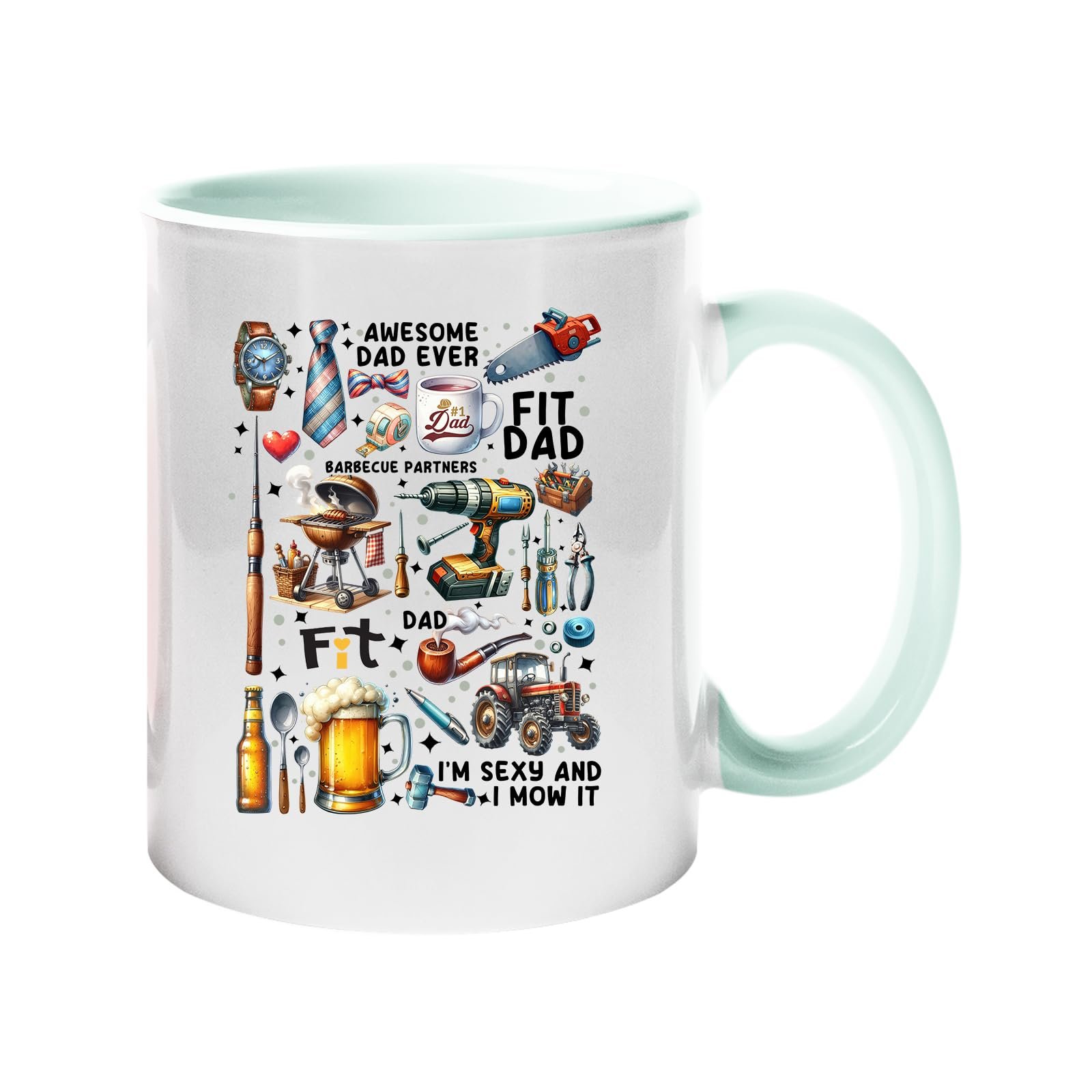 711yljq4pxl.jpg Colour handle mug with a collage of dad favourites – BBQ, tools, beer, a tractor and “Awesome Dad Ever” – lime handle and inside