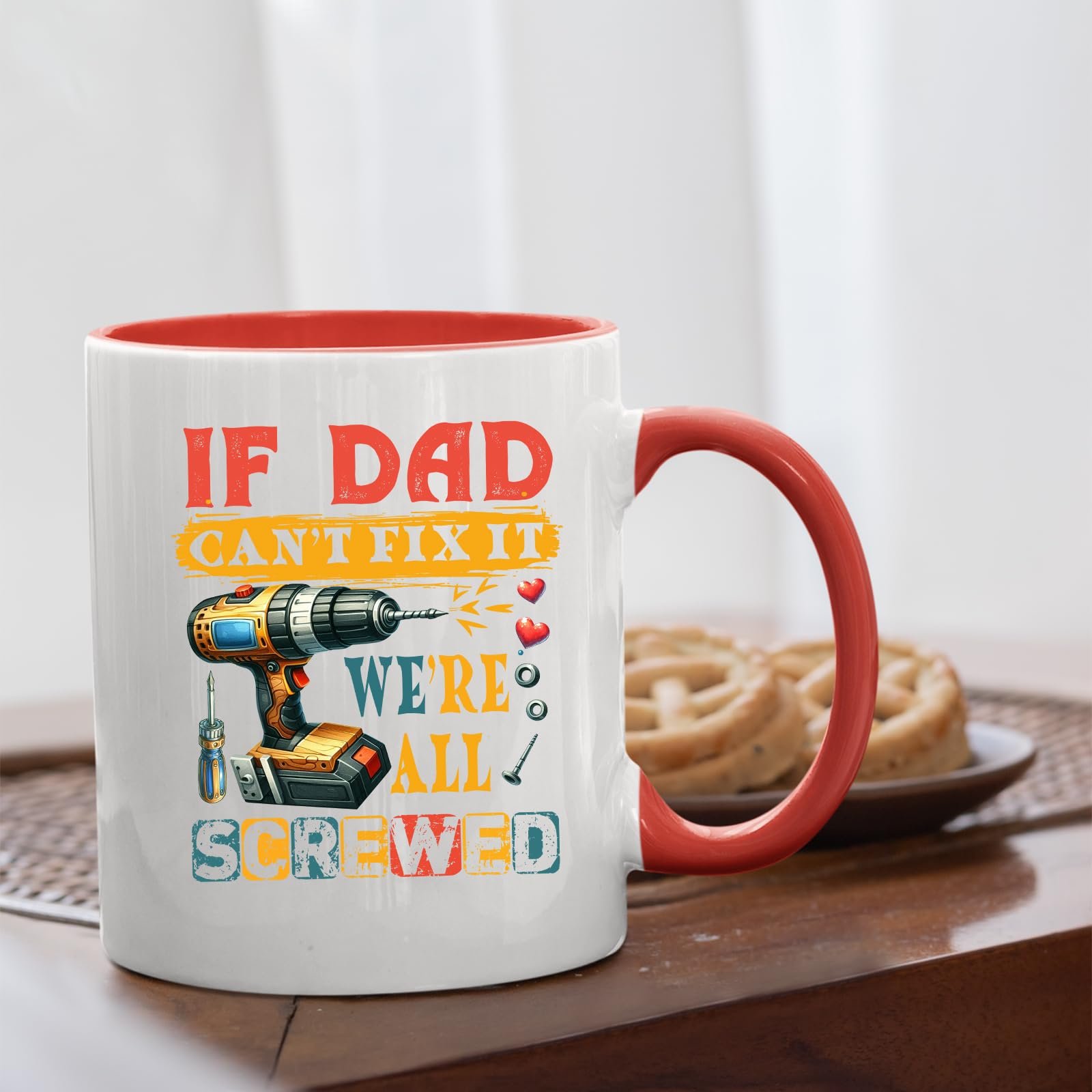 7131gtviltl.jpg If Dad Can’t Fix It mug with a red handle beside biscuits
