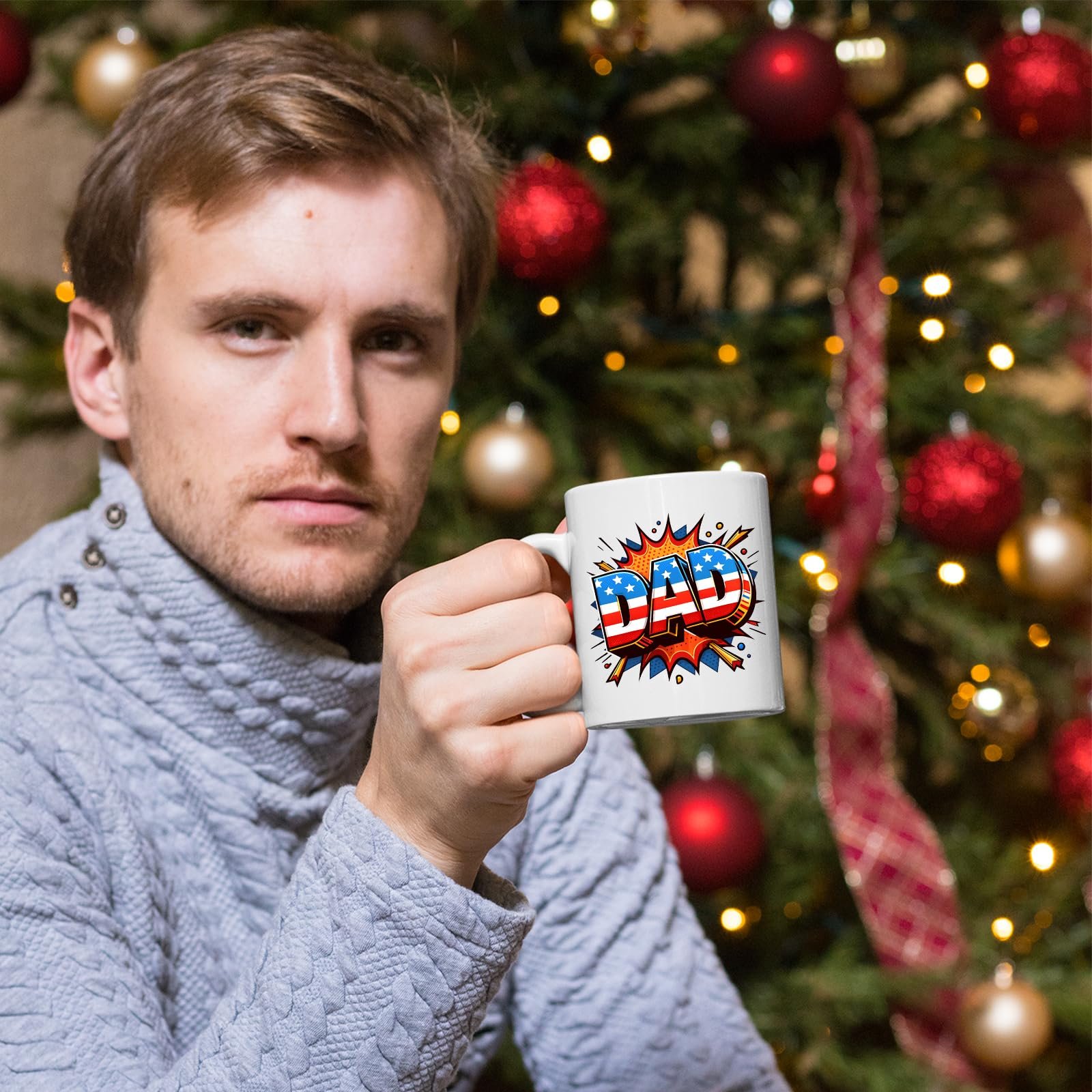 713rdvt9adl.jpg Man holding the Stars and Stripes DAD mug in front of a Christmas tree