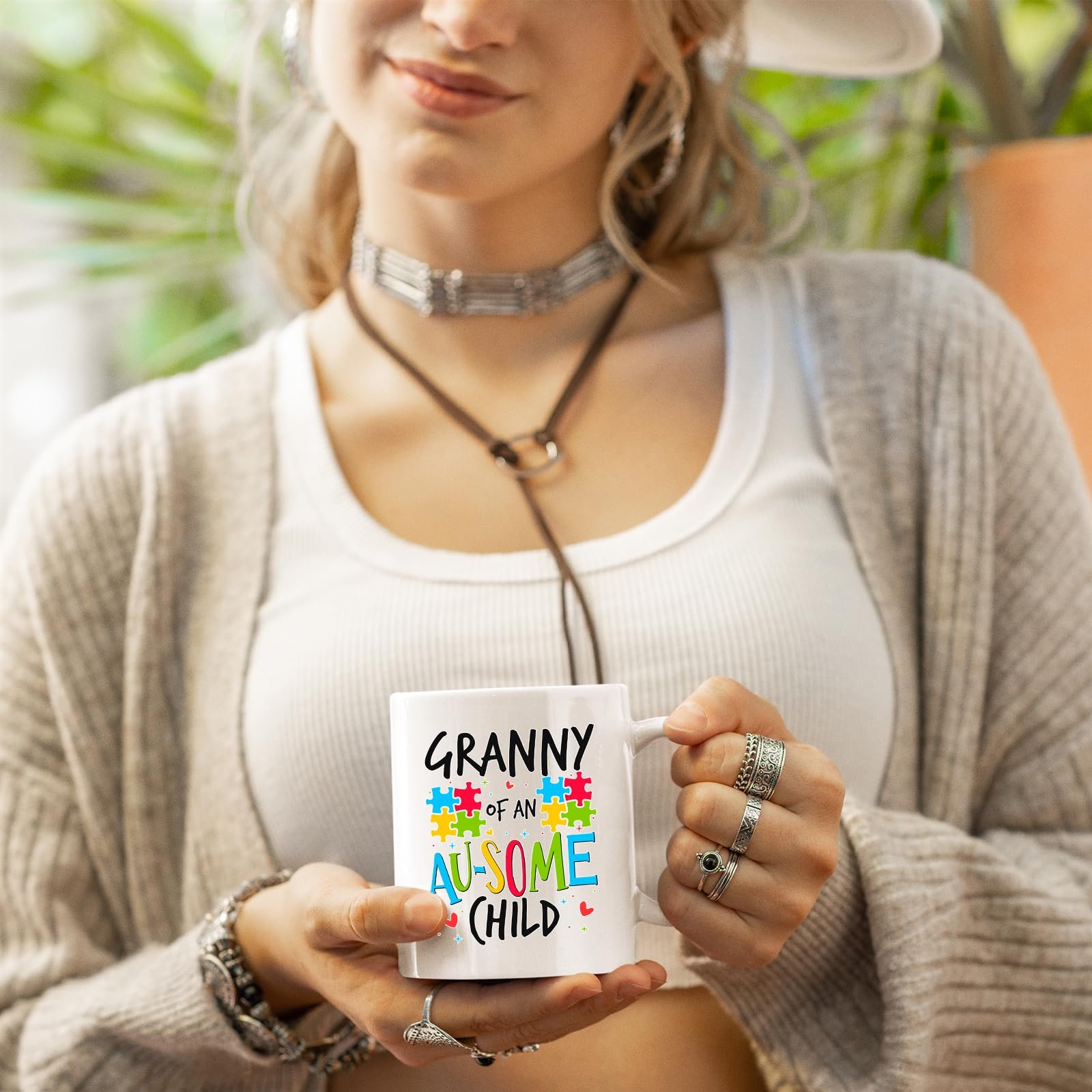 714 dye7al.jpg Woman in a cardigan holding the Granny of an Au-Some Child mug