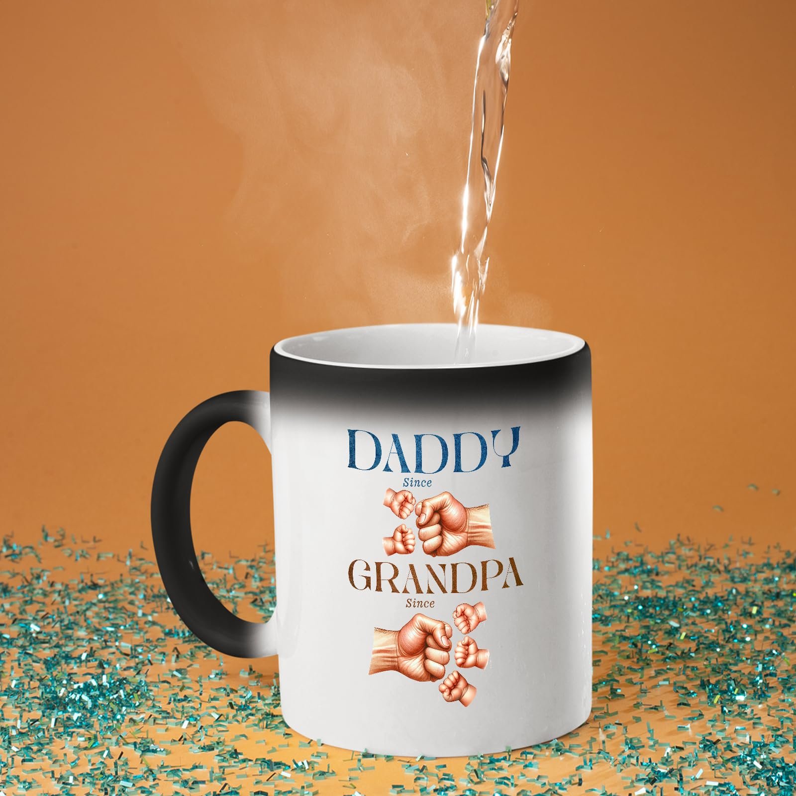 7141j65wlml.jpg Hot water poured into the Daddy and Grandpa fist bump colour changing mug as the design appears