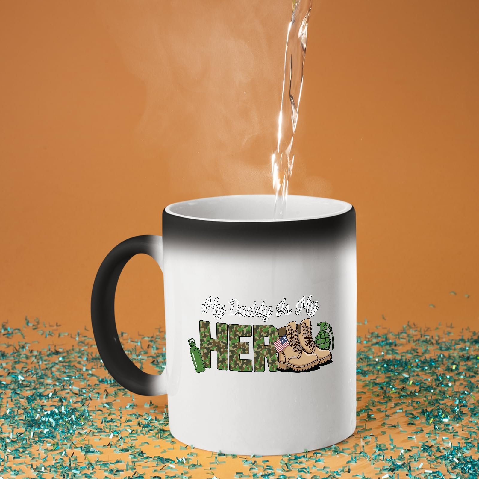 71514agv7bl.jpg Hot water poured into the My Daddy Is My Hero military colour changing mug as the design appears