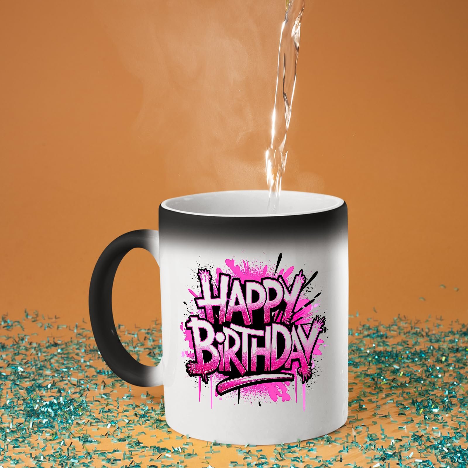 715ar6gp0rl.jpg Hot water poured into the Happy Birthday pink graffiti colour changing mug as the design appears