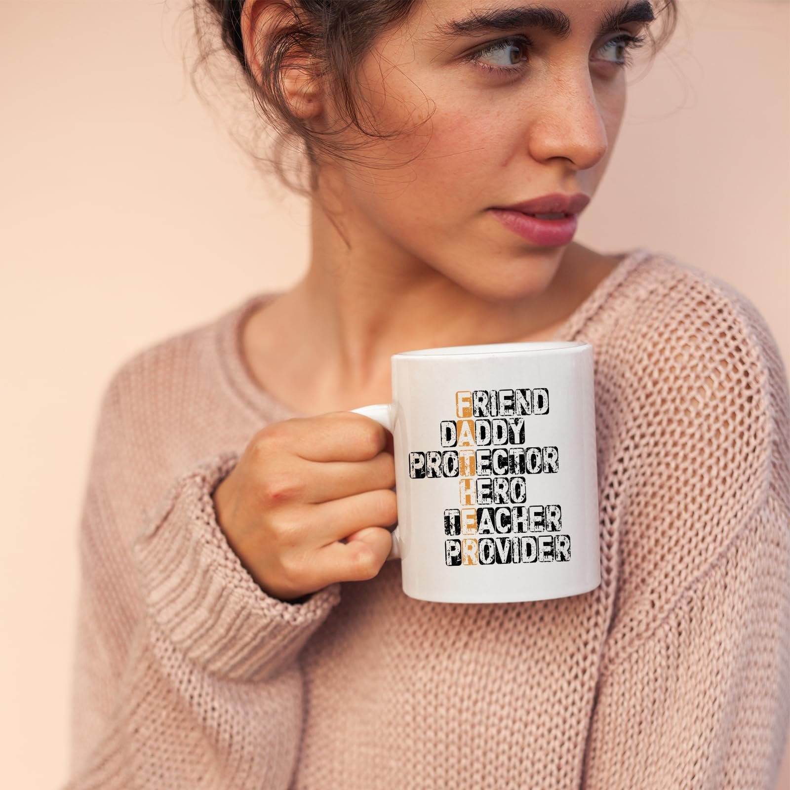715plnwzojl.jpg Woman in a pink jumper holding the FATHER acrostic mug